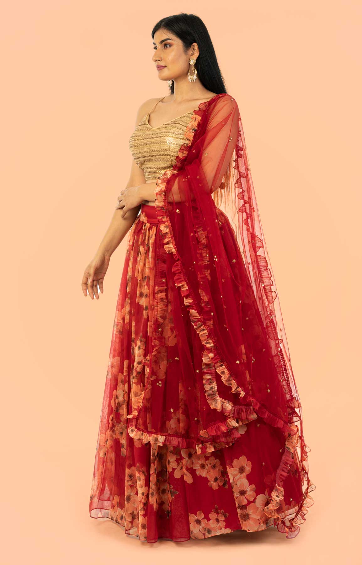 Poppy Red Lehenga In Mustard Floral Motif Print Matched With Golden Embroidered Blouse – Viraaya By Ushnakmals