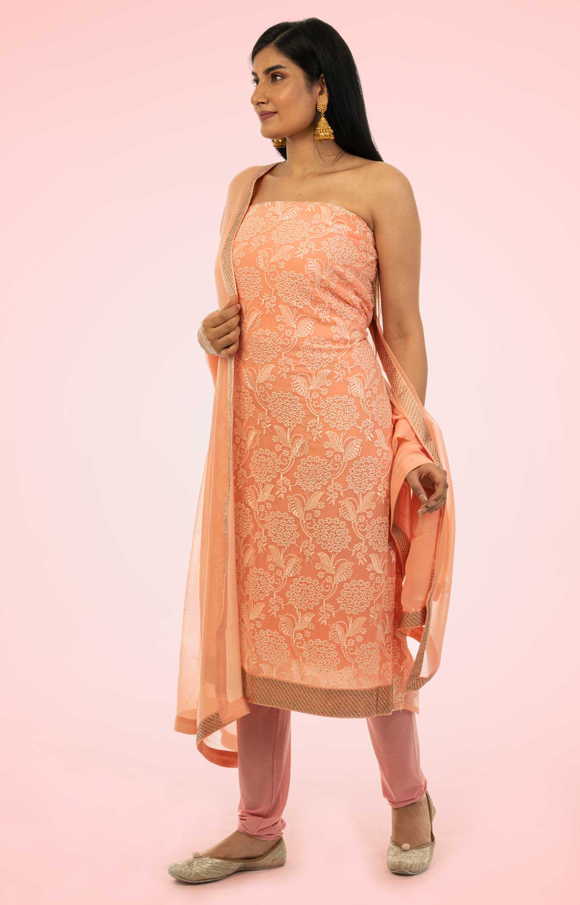 Coral Pink Resham Work Georgette Unstitched Suit Fabric With Crepe Bottom – Viraaya By Ushnakmals