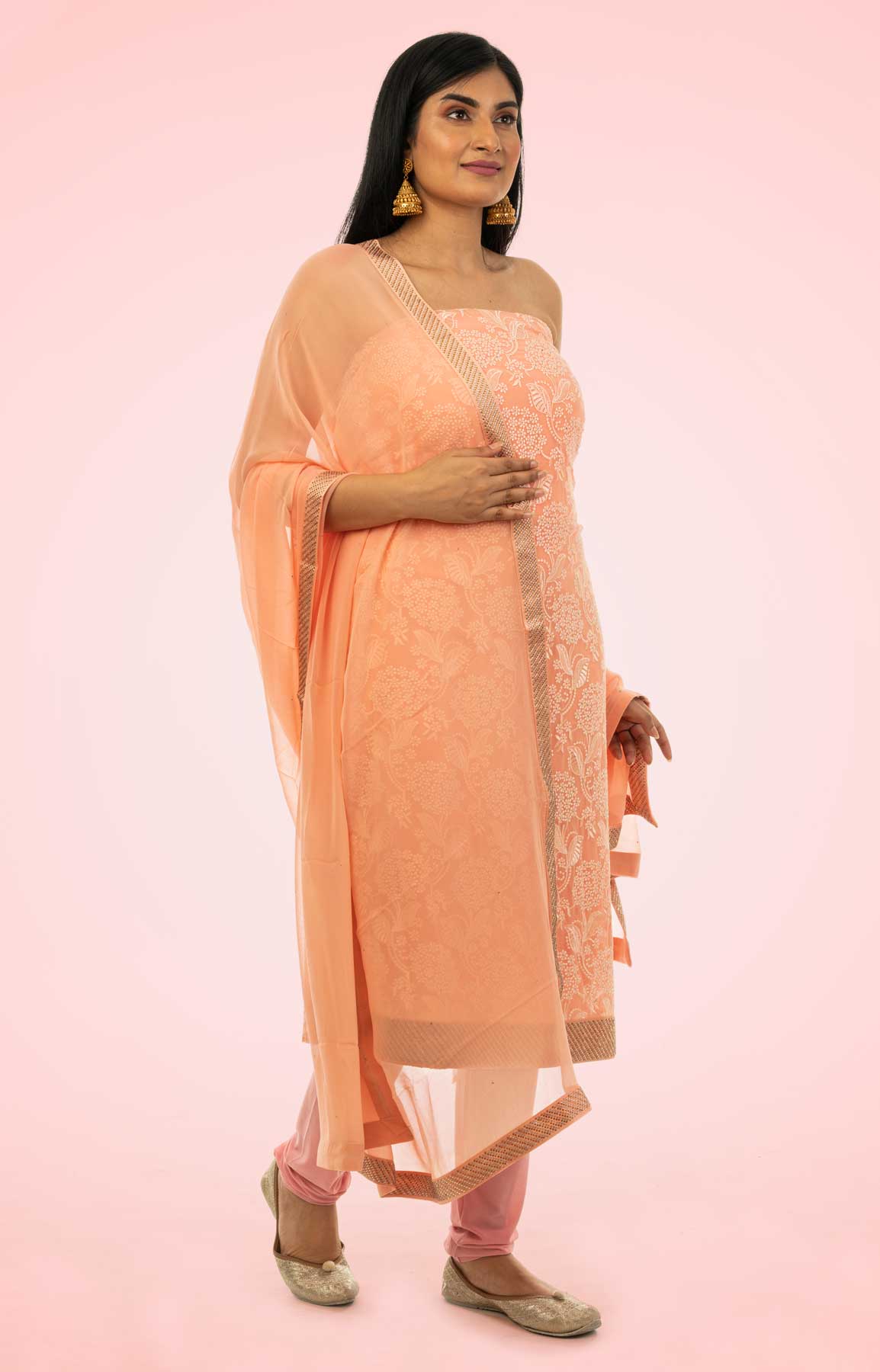 Coral Pink Resham Work Georgette Unstitched Suit Fabric With Crepe Bottom – Viraaya By Ushnakmals