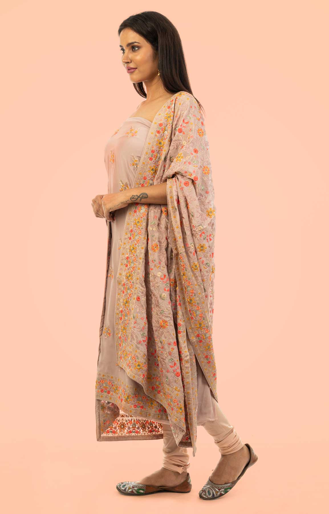 Mauve Coloured Crepe Unstitched Suit With Heavy Resham Embroidered Dupatta – Viraaya By Ushnakmals