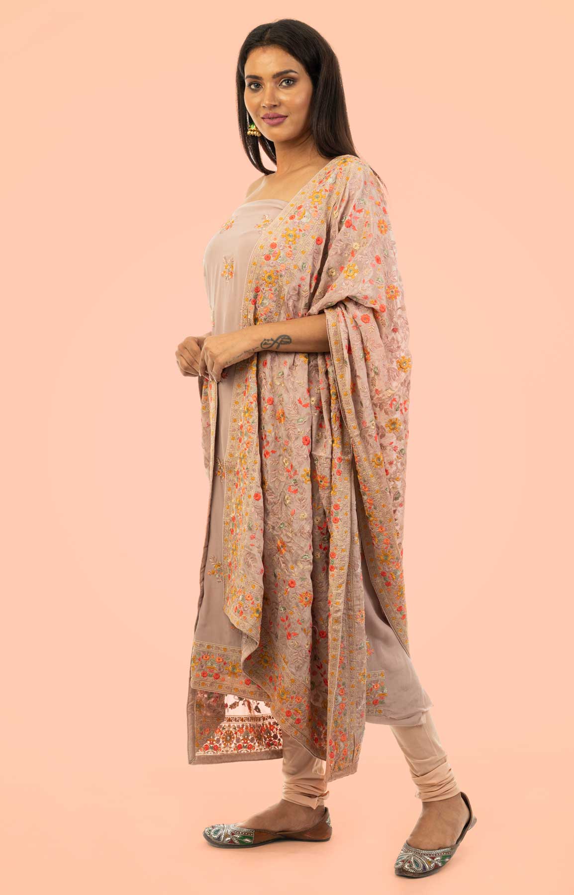 Mauve Coloured Crepe Unstitched Suit With Heavy Resham Embroidered Dupatta – Viraaya By Ushnakmals