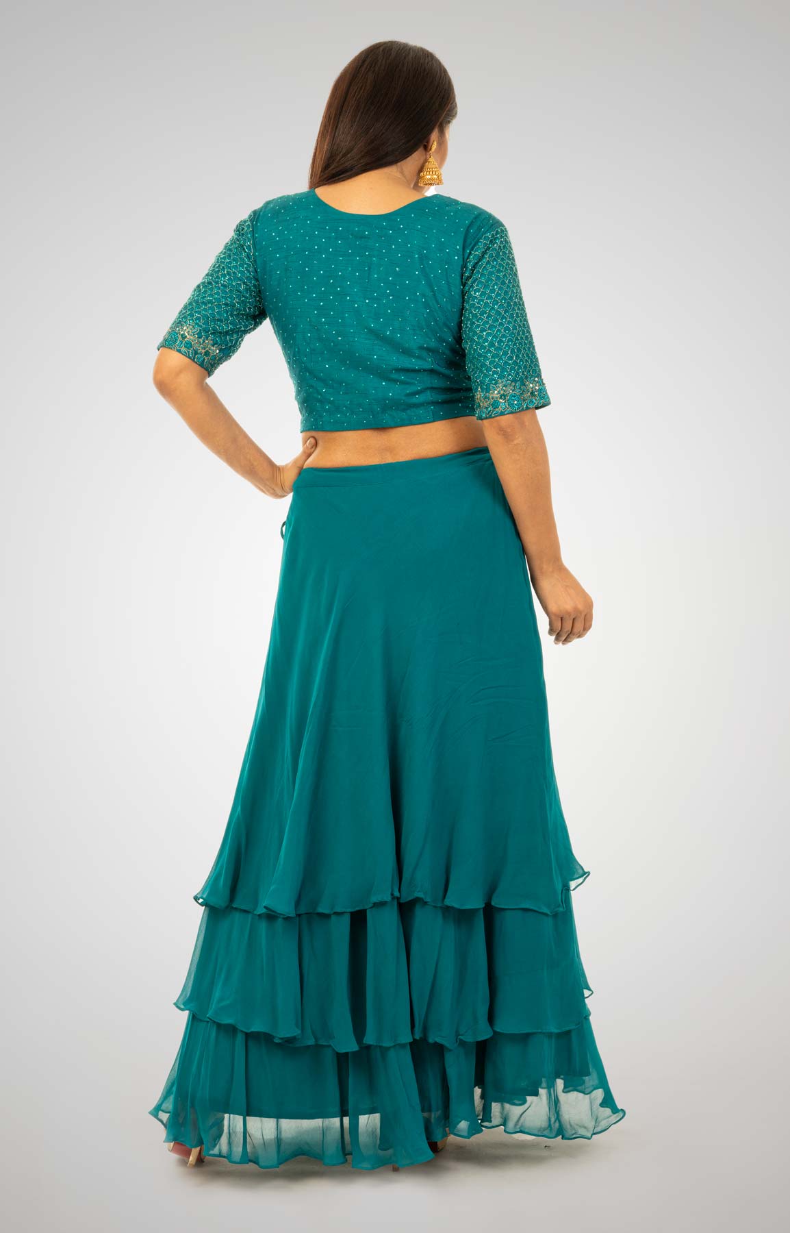 Peacock Tiered Georgette Skirt Matched With Cut Dana Embroidered Crop Top – Viraaya By Ushnakmals