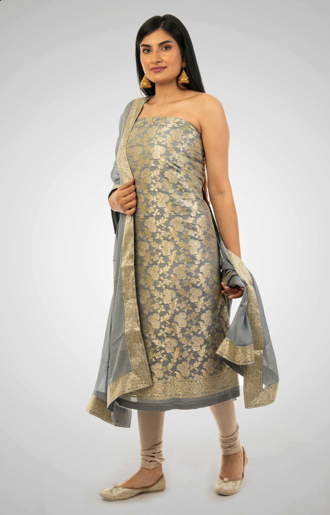 Grey Banarasi Brocade Unstitched Suit With Chiffon Dupatta – Viraaya By Ushnakmals