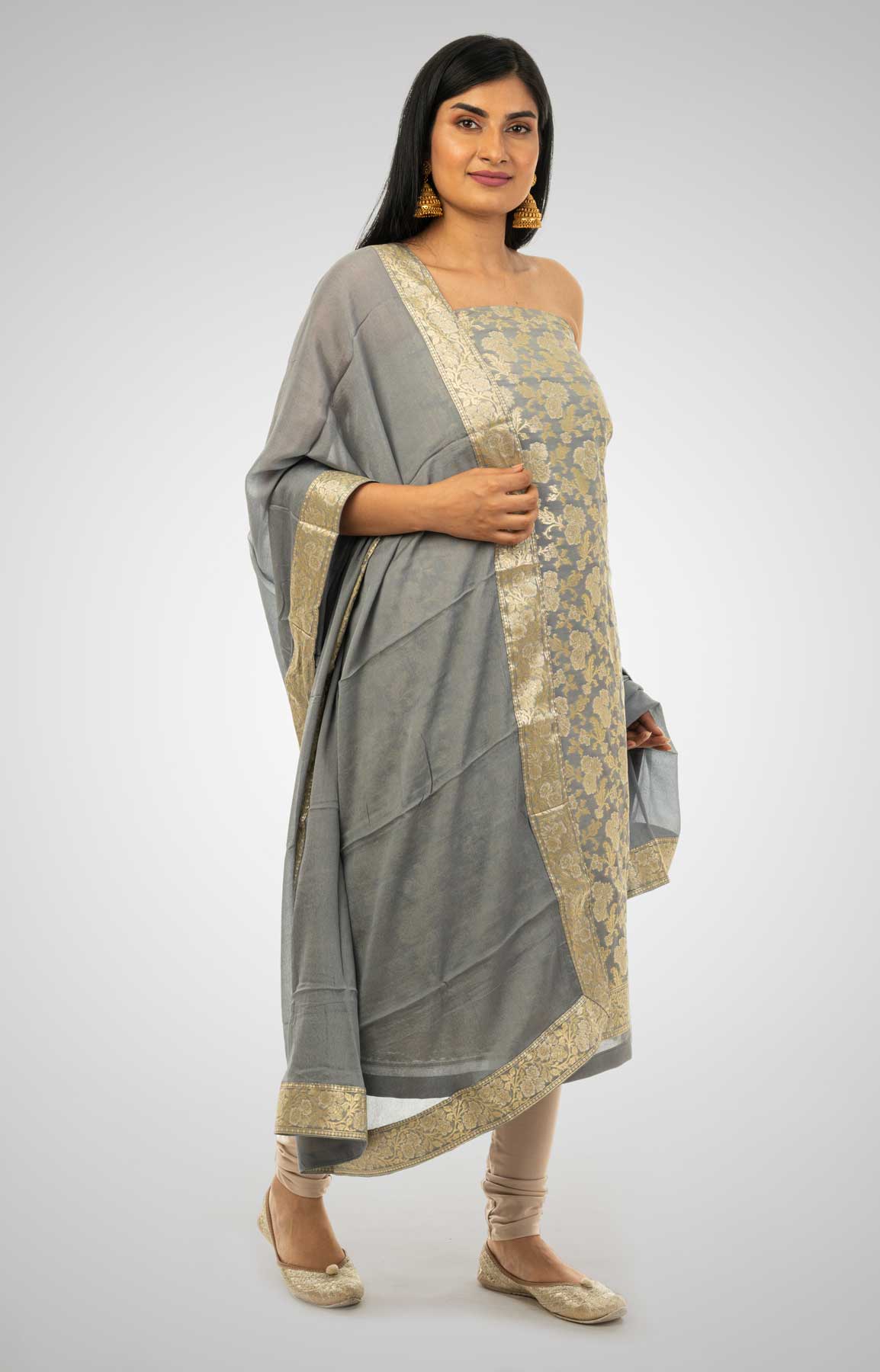 Grey Banarasi Brocade Unstitched Suit With Chiffon Dupatta – Viraaya By Ushnakmals