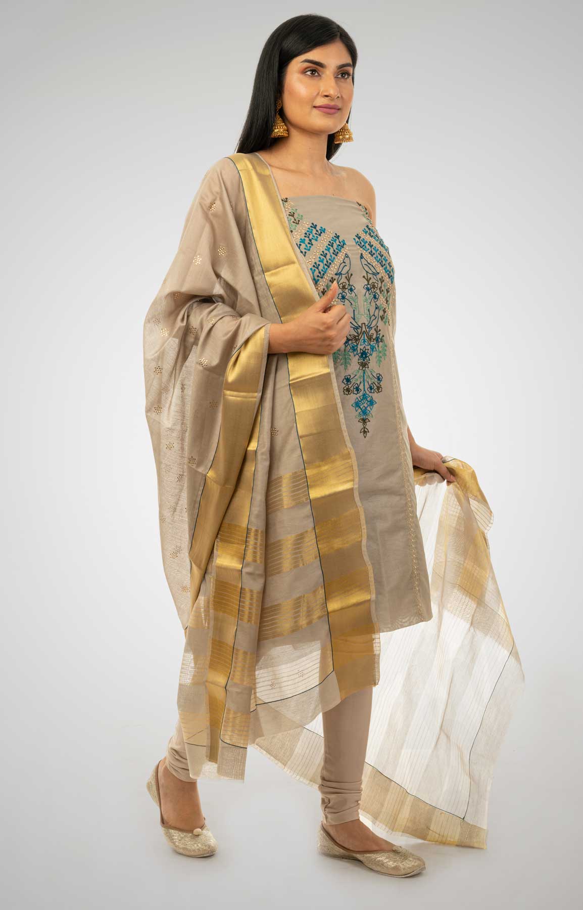 Grey Chanderi Silk Unstitched Suit Fabric With Resham And Zari Aari Work – Viraaya By Ushnakmals