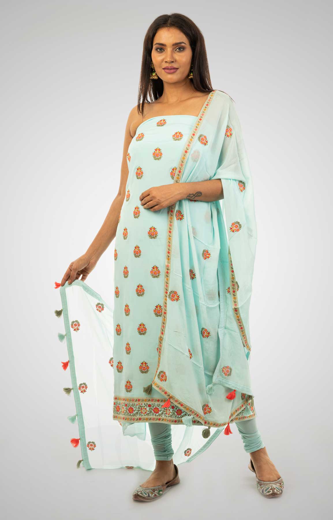 Turquoise Crepe Unstitched Suit With Multi Coloured Resham Work – Viraaya By Ushnakmals