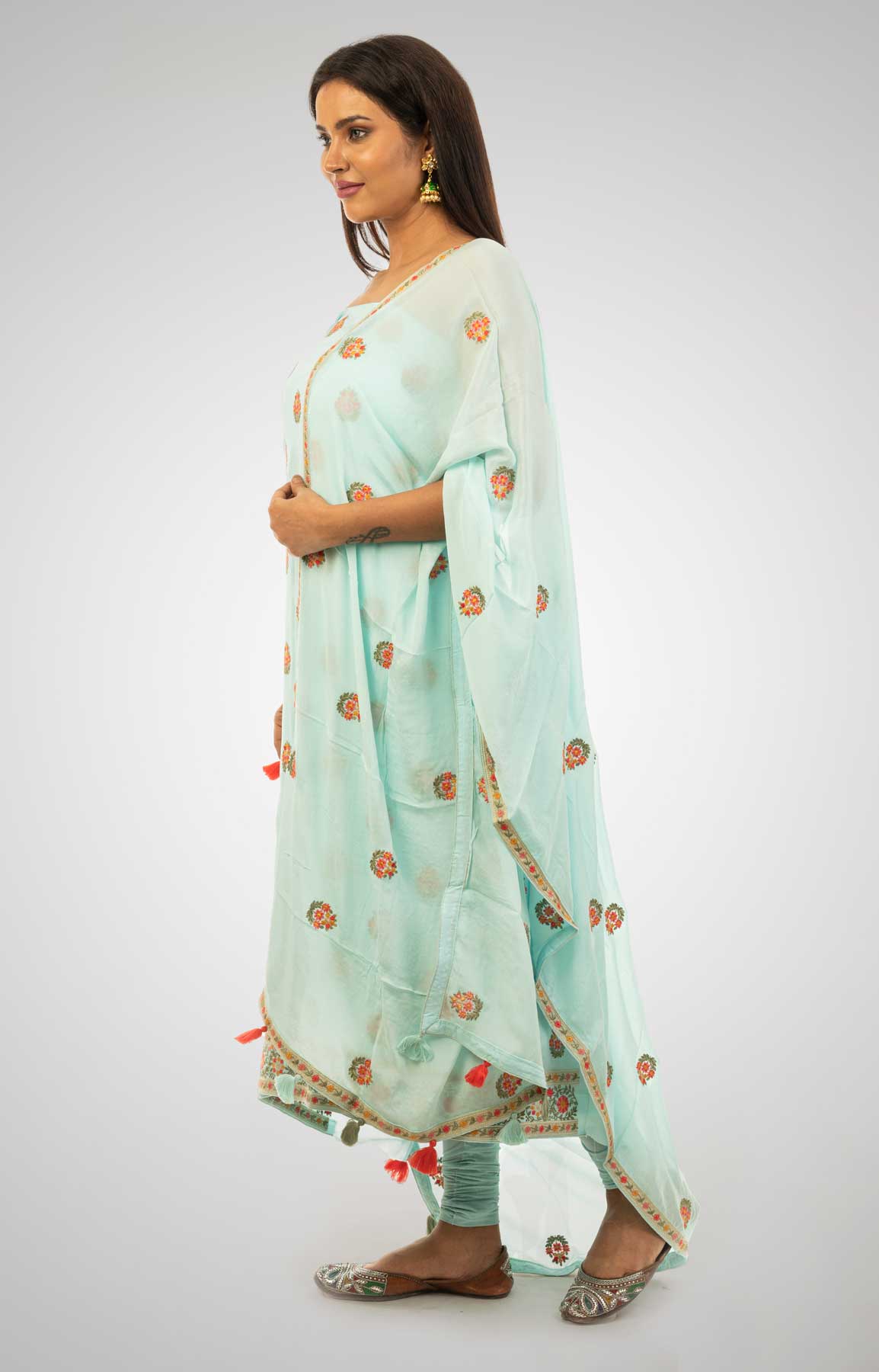 Turquoise Crepe Unstitched Suit With Multi Coloured Resham Work – Viraaya By Ushnakmals