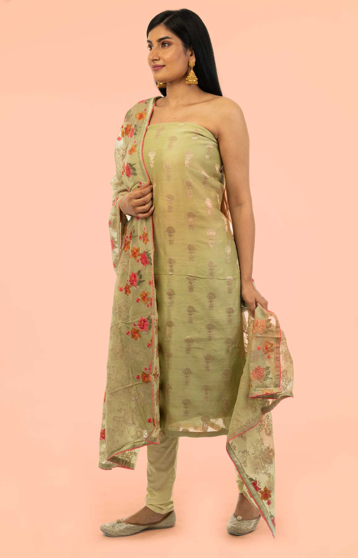 Pista Green Banarasi Chanderi Suit Fabric With Phulkari Dupatta – Viraaya By Ushnakmals – Viraaya By Ushnakmals