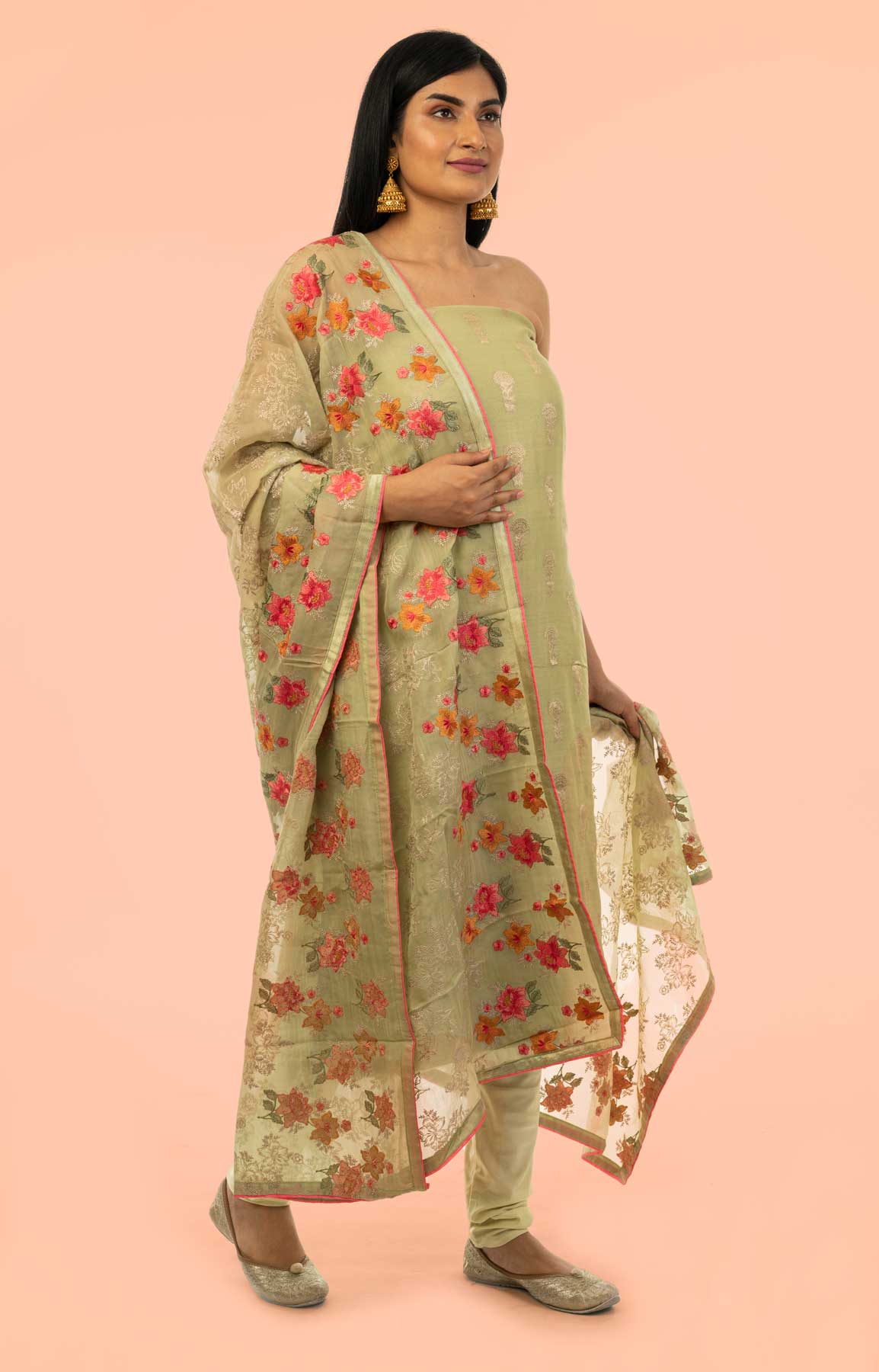 Pista Green Banarasi Chanderi Suit Fabric With Phulkari Dupatta – Viraaya By Ushnakmals – Viraaya By Ushnakmals