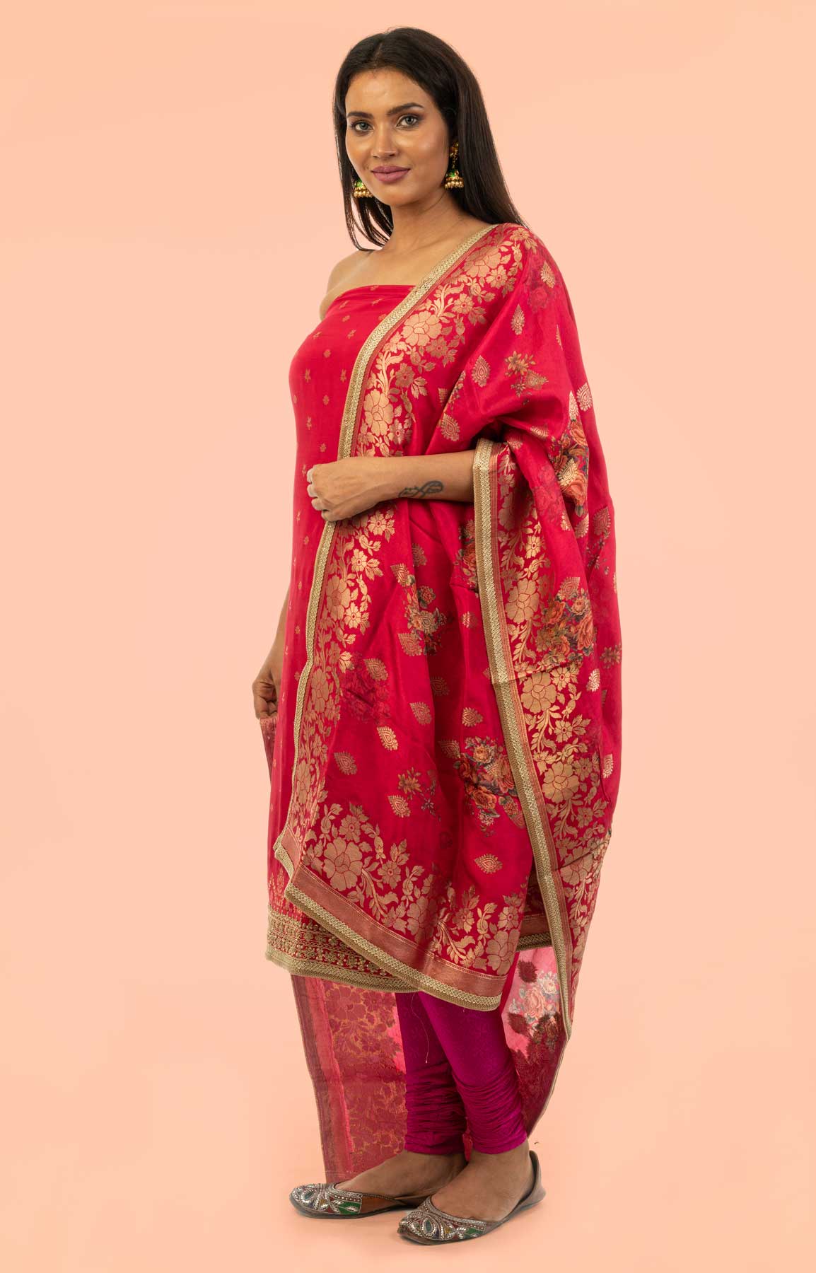 Rani Pink Banarasi Opara Silk Suit Fabric With Zari Work – Viraaya By Ushnakmals – Viraaya By Ushnakmals