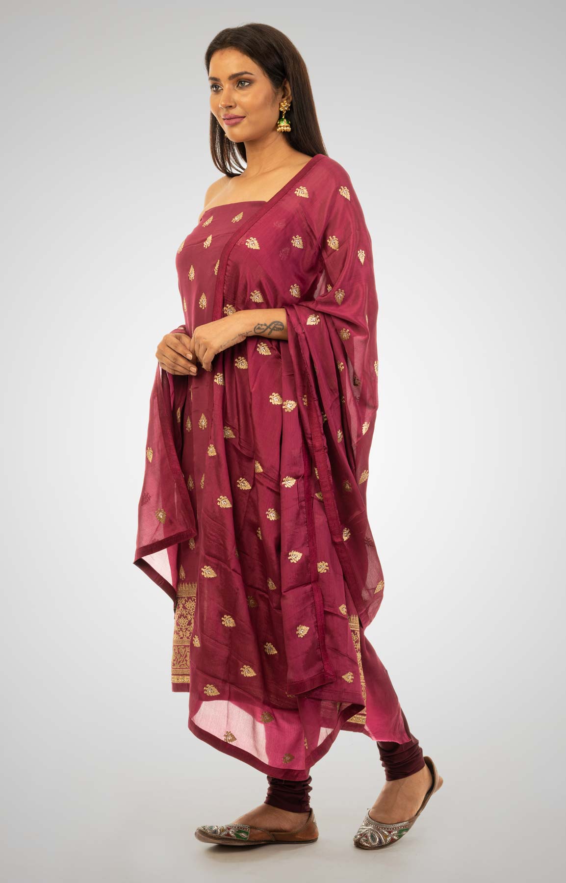 Wine Crepe Suit Fabric With Zari Work – Viraaya By Ushnakmals