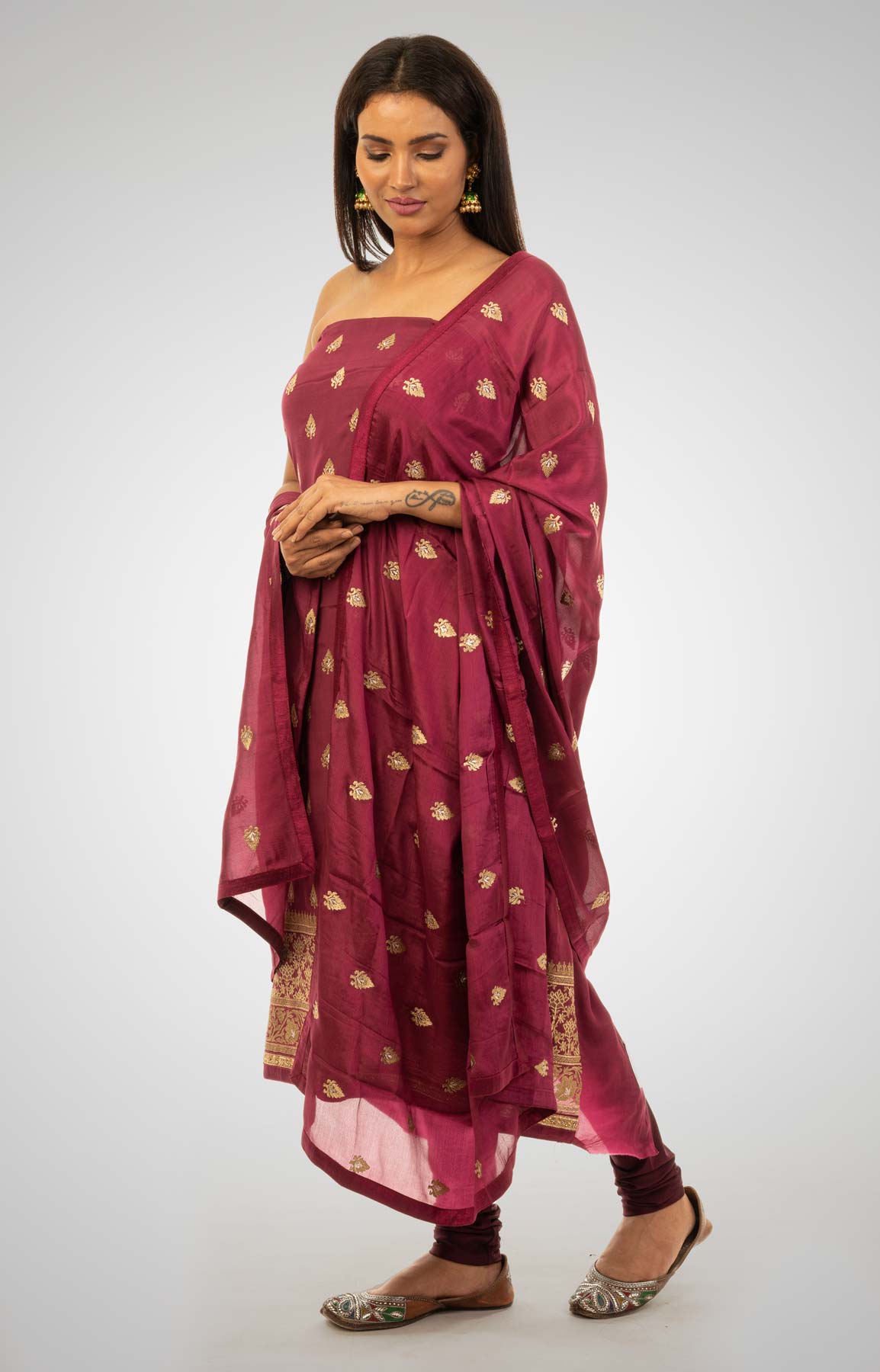 Wine Crepe Suit Fabric With Zari Work – Viraaya By Ushnakmals