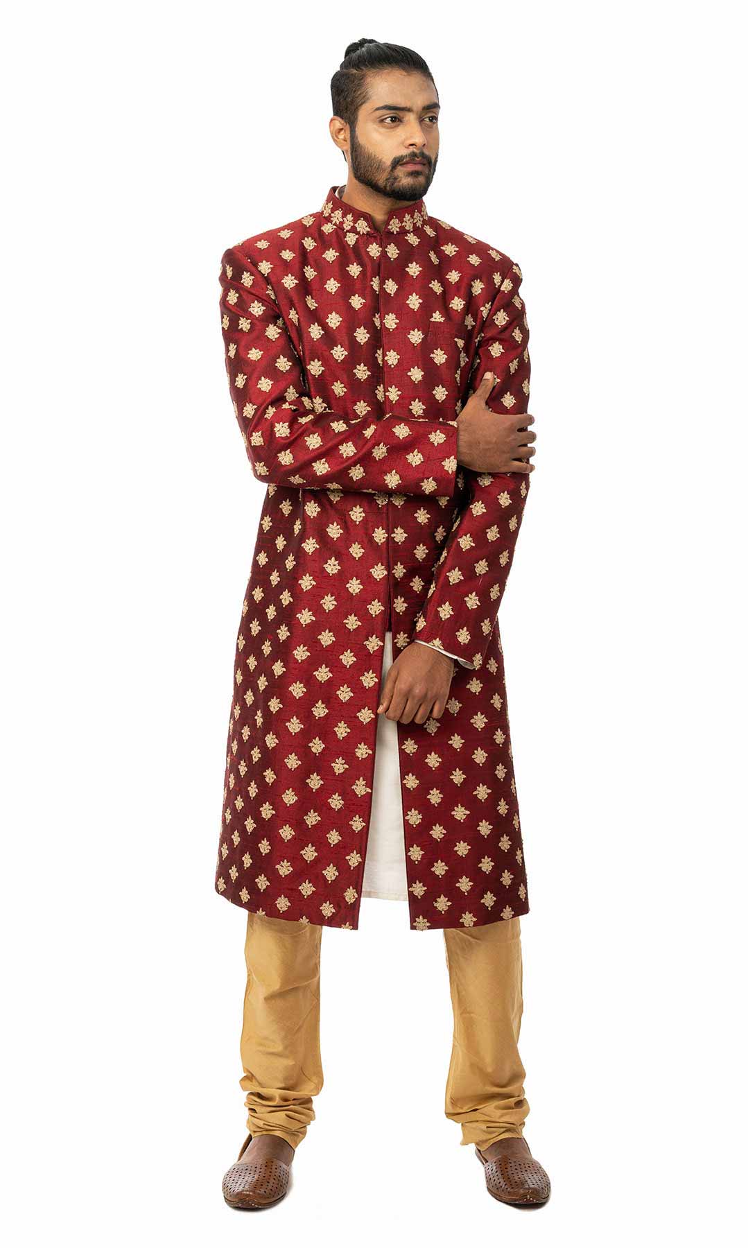 Maroon Resham Work Raw Silk Sherwani With Golden Beige Churidar - Viraaya By Ushnakmals