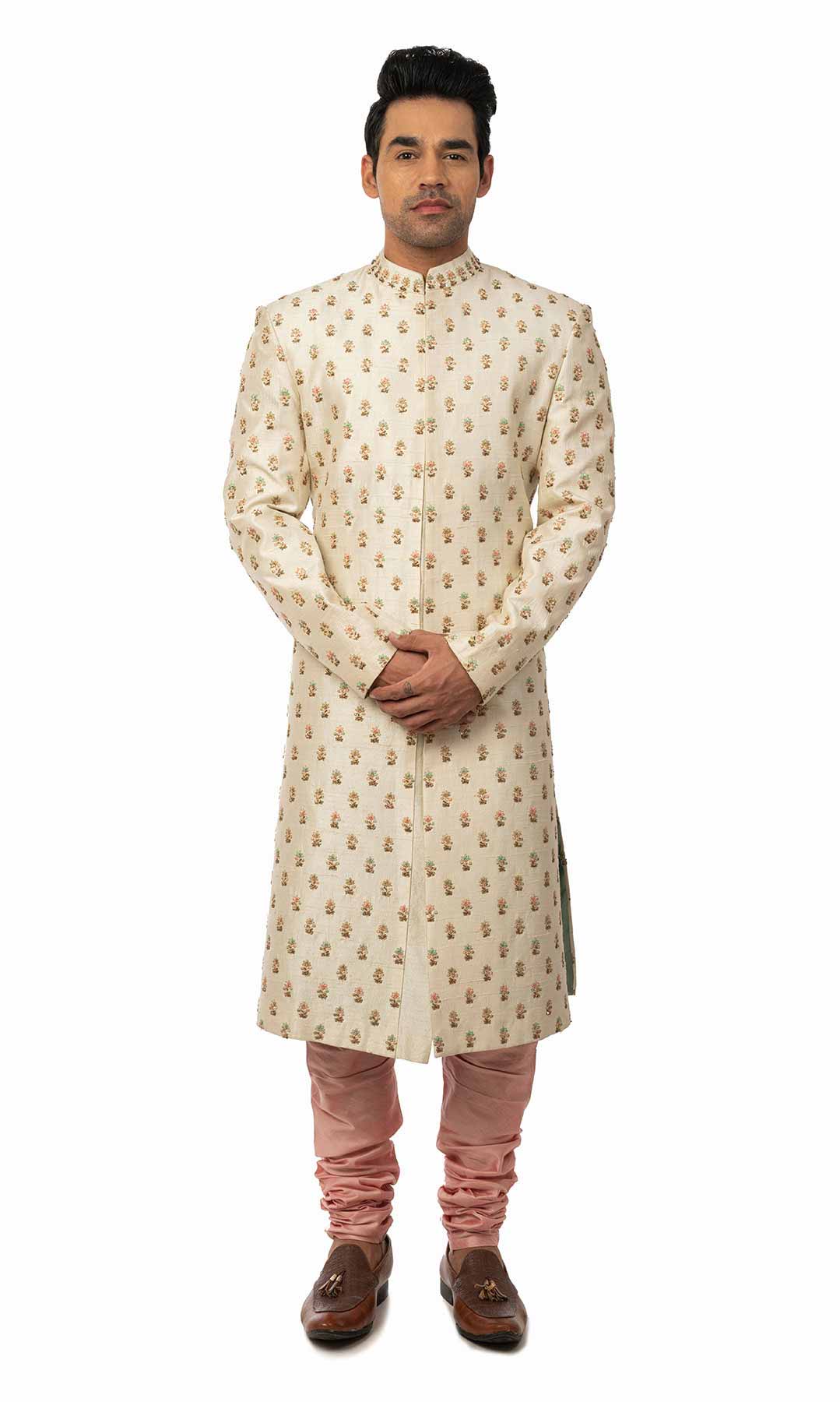 White Raw Silk Sherwani With Constrasting Churidar With Colourful Resham Work - Viraaya By Ushnakmals