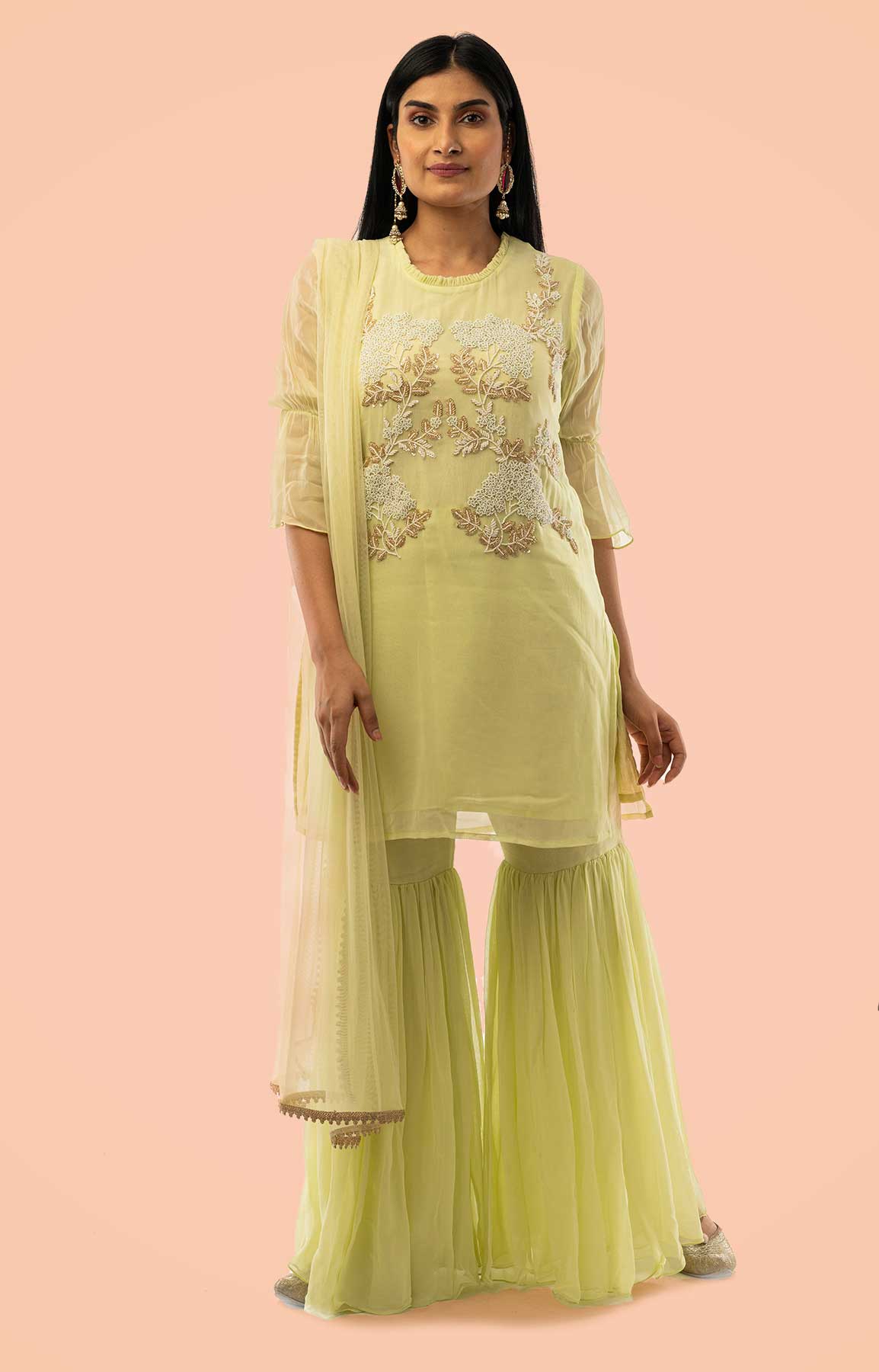 Apple Green Gharara Georgette Suit With Pearl And Antique Sequin Work – Viraaya By Ushnakmals