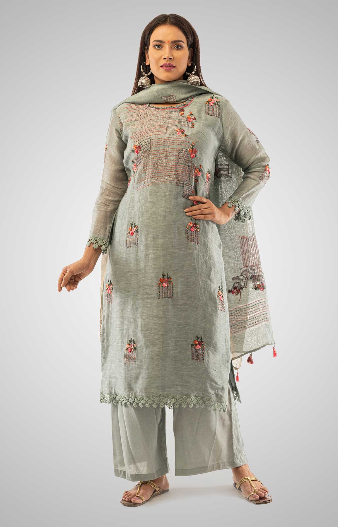 Grey Linen Palazzo Suit With Resham Work – Viraaya By Ushnakmals