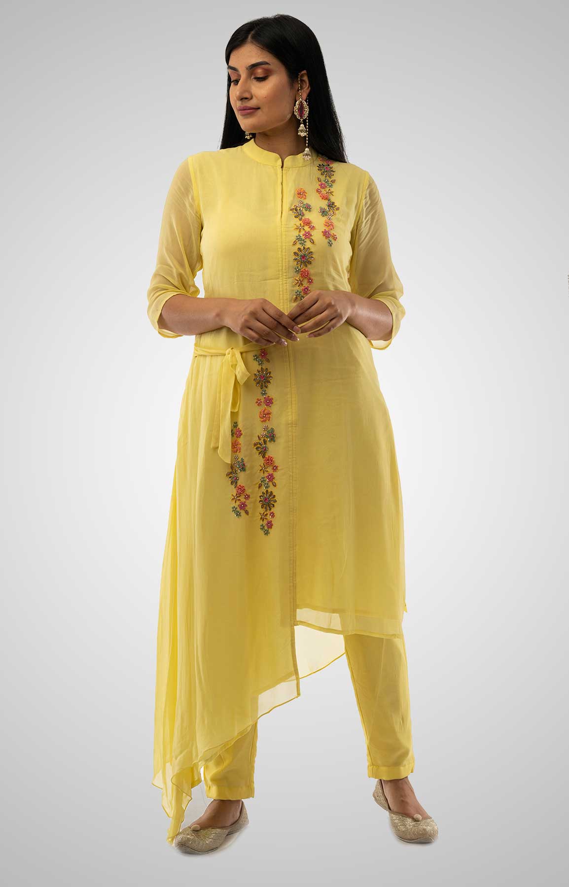 Pastel Yellow Georgette Asymmetrical Kurta With Resham and Cut Dana Work – Viraaya By Ushnakmals