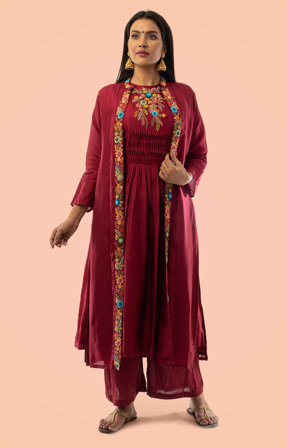 Maroon Chanderi Palazzo Suit With Colourful Resham Work – Viraaya By Ushnakmals