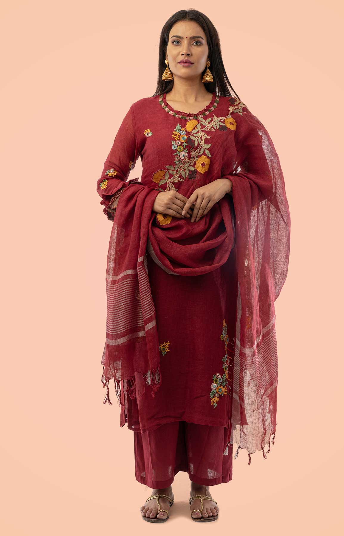 Maroon Linen Suit With Applique Cutwork Linen Duppatta – Viraaya By Ushnakmals