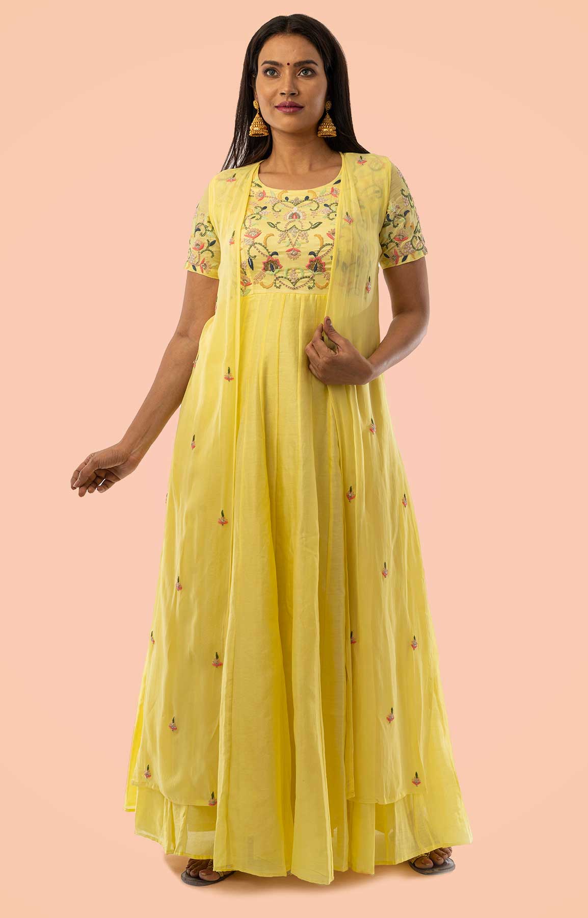 Lemon Yellow Chanderi Anarkali Suit With Georgette Jacket With Cut Dana And Resham Work – Viraaya By Ushnakmals