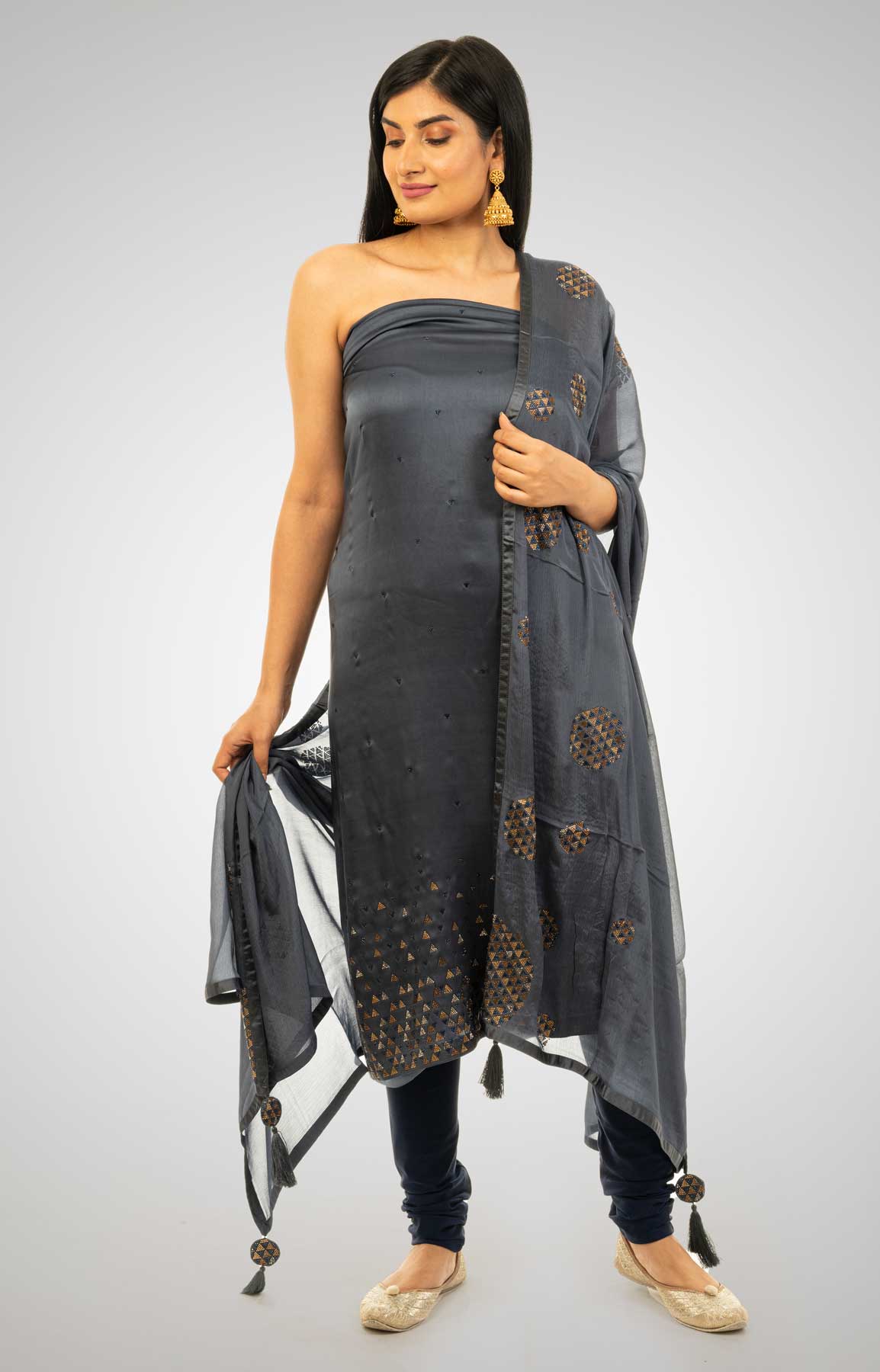Greyish Blue Satin Unstitched Suit With Stone Work – Viraaya By Ushnakmals