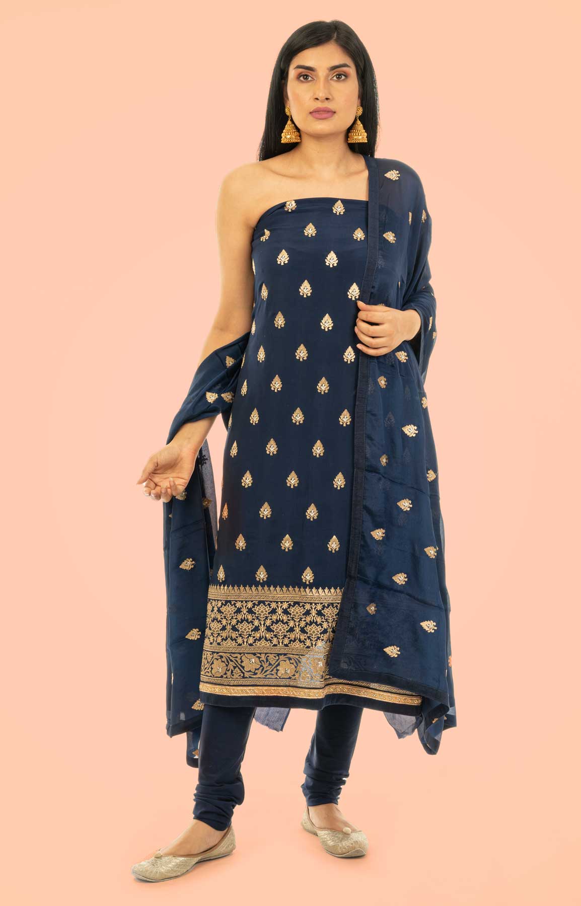 Navy Blue Crepe Suit Fabric With Zari Work – Viraaya By Ushnakmals