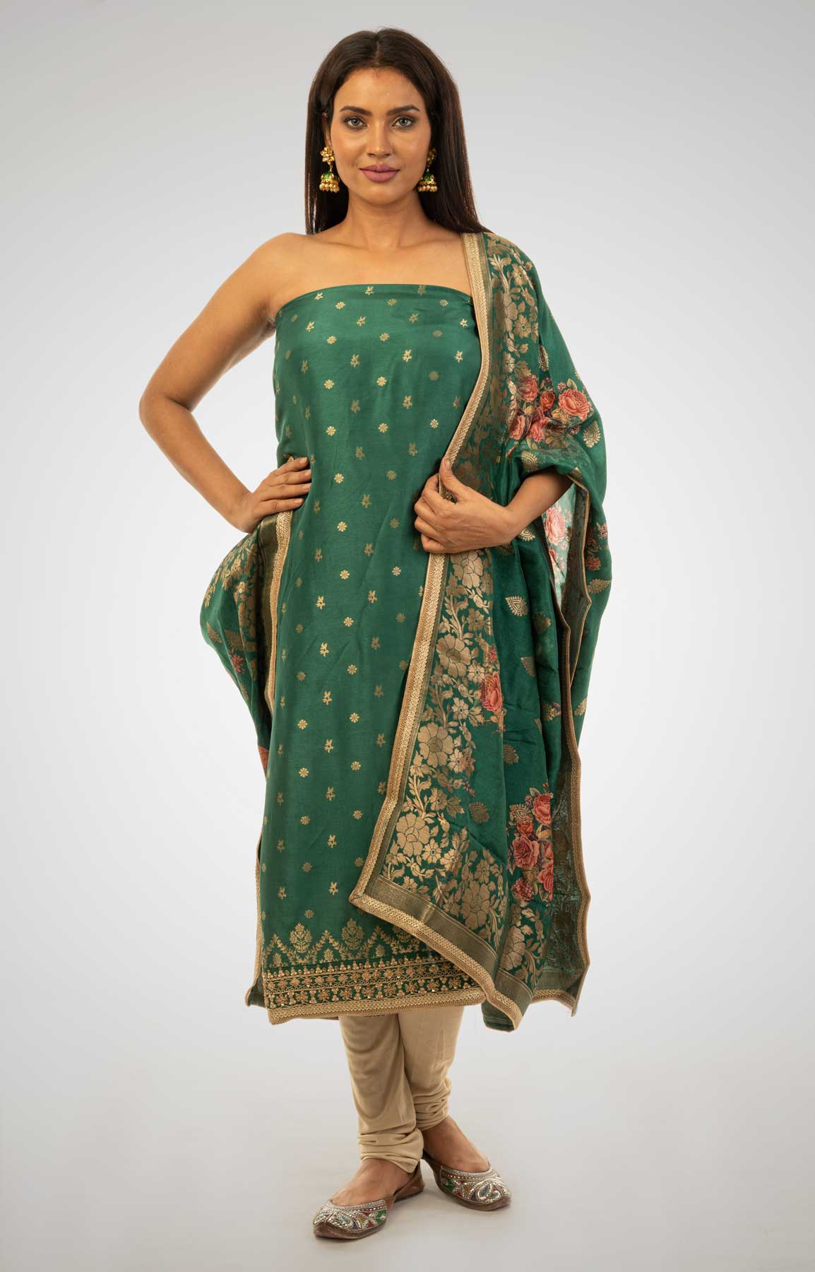 Green And Beige Banarasi Opara Silk Suit Fabric With Zari Work – Viraaya By Ushnakmals