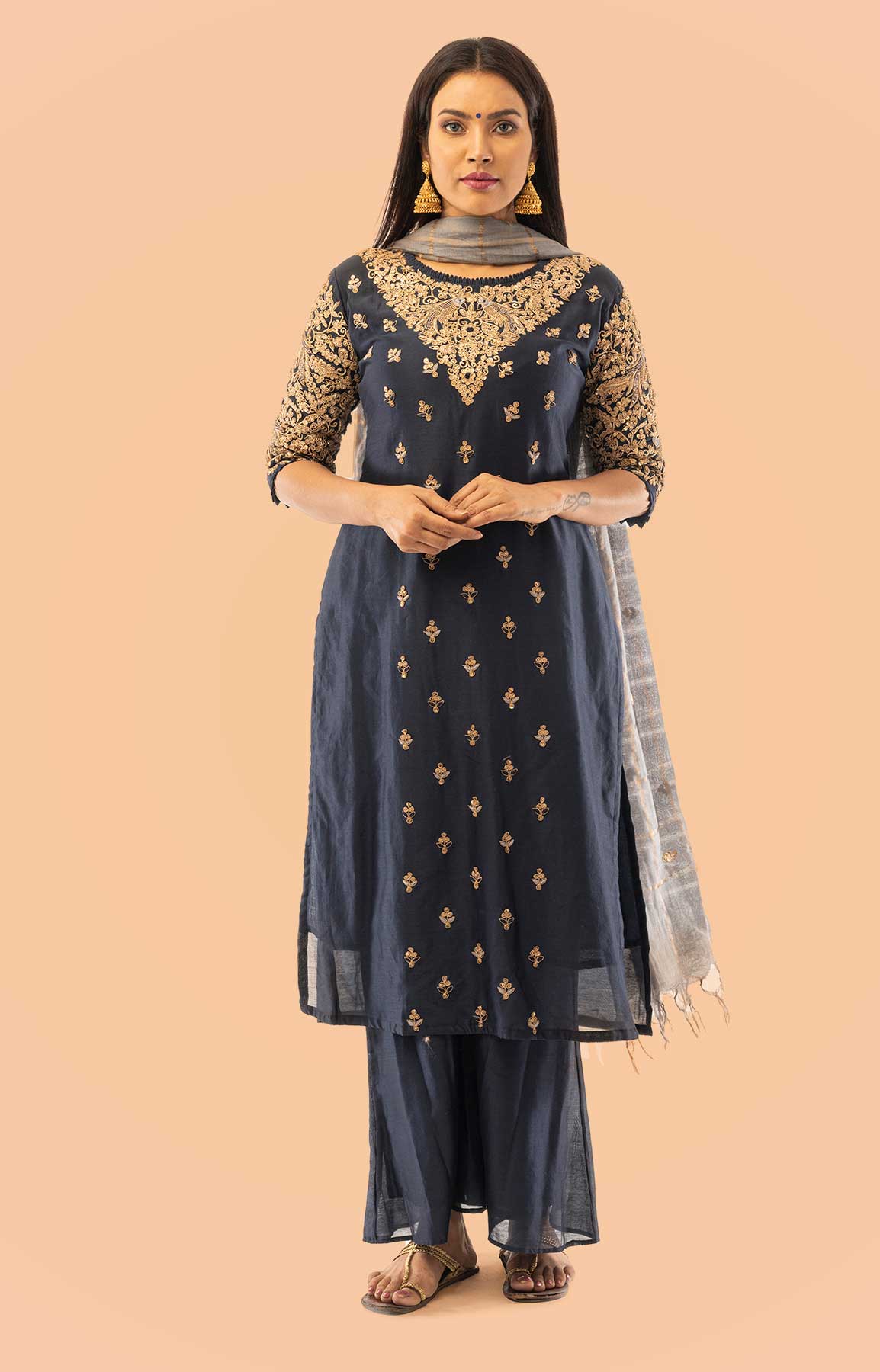 Navy Blue Pallazo Suit On Chanderi Silk With Handloom Check Duppatta – Viraaya By Ushnakmals