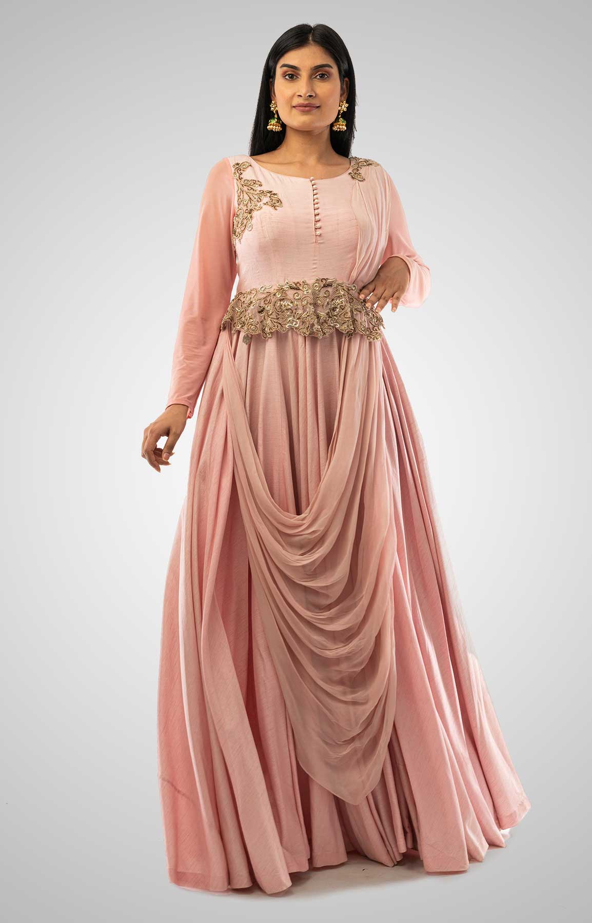 Dusty Pink Gown In Raw Silk With Georgette Drape – Viraaya By Ushnakmals