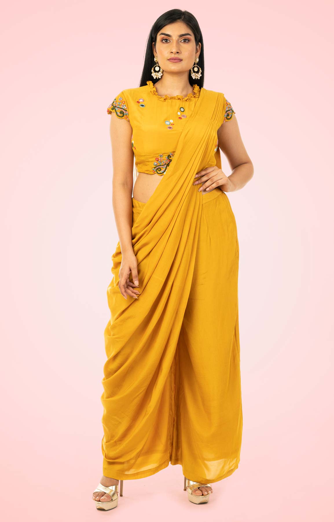 Mustard Opara Silk Drape Saree With Mirror Work – Viraaya By Ushnakmals