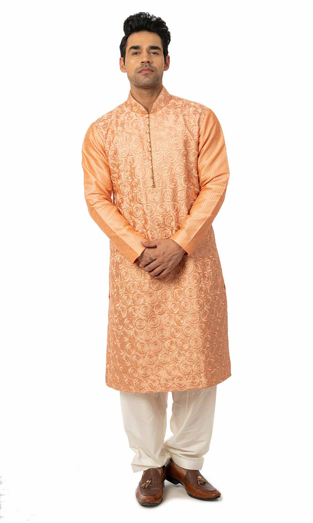 Coral Orange Raw Silk Kurta Set With Thread Work - Viraaya By Ushnakmals