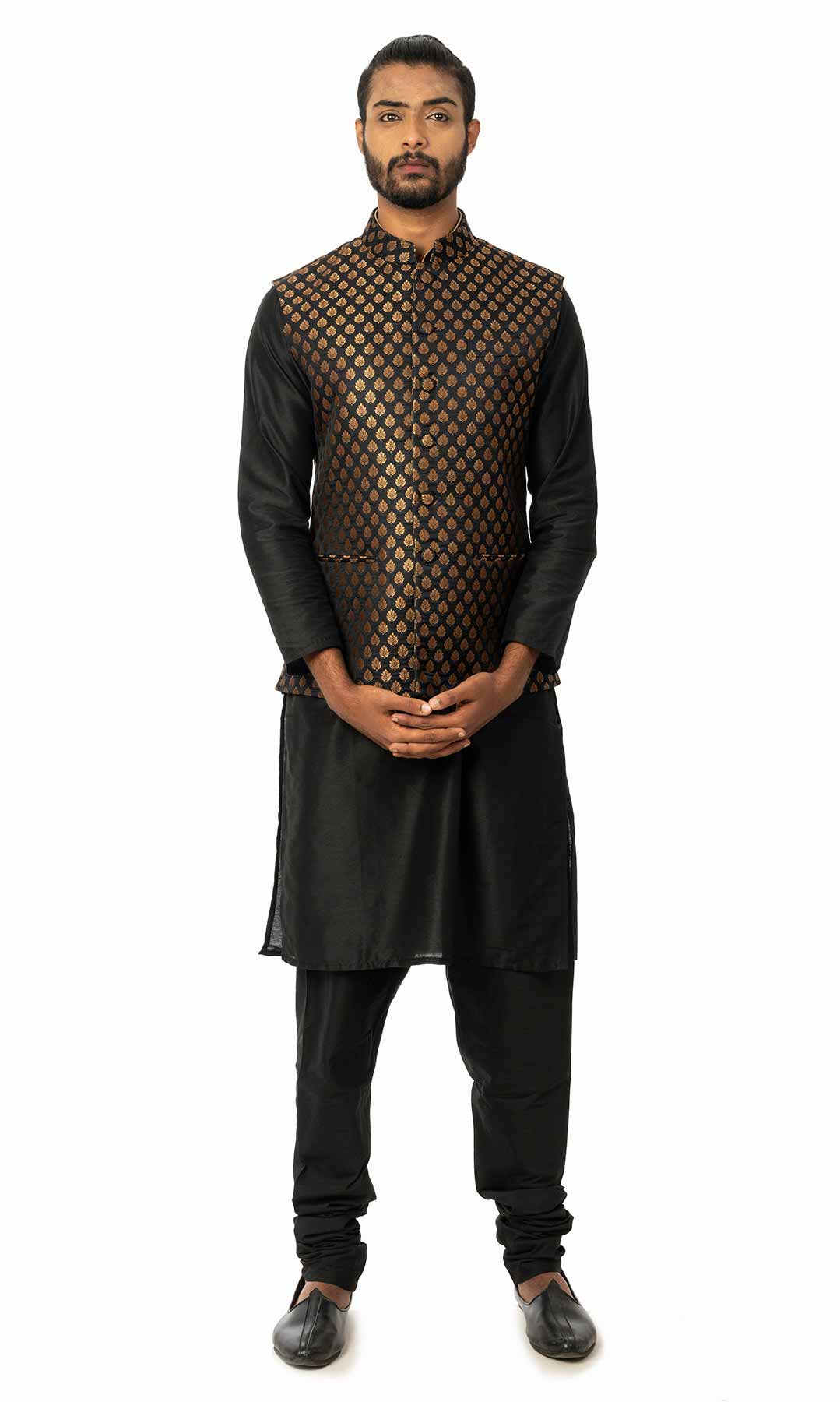 Black Raw  Silk Kurta Set With Banarasi Brocade Nehru Jacket - Viraaya By Ushnakmals