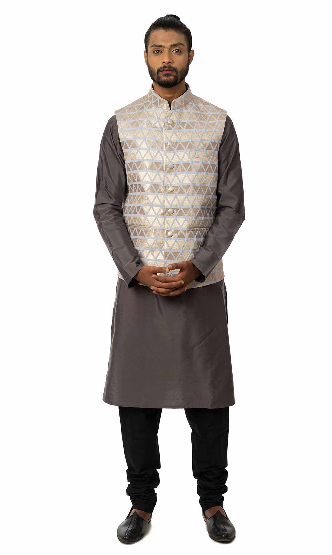 Dark Grey Raw Silk Kurta Set With Sky Blue Banarasi Brocade Nehru Jacket - Viraaya By Ushnakmals