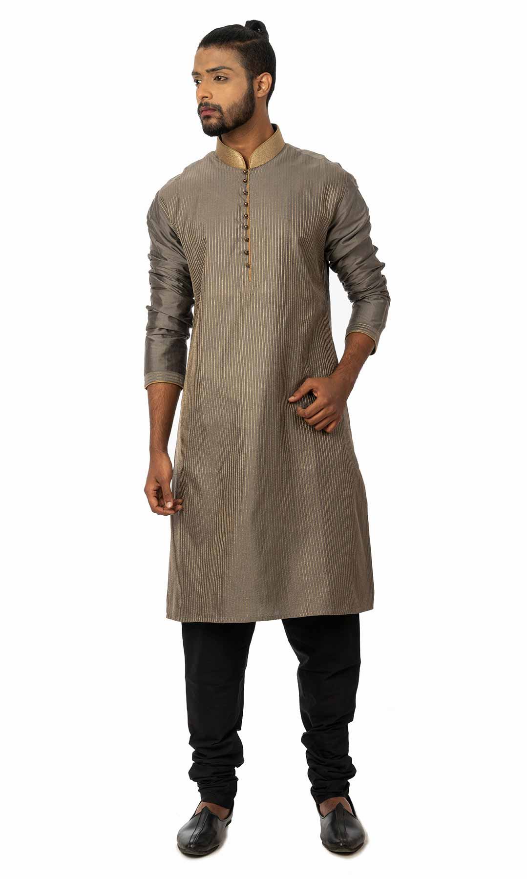 Dark Grey Raw Silk Kurta Set - Viraaya By Ushnakmals