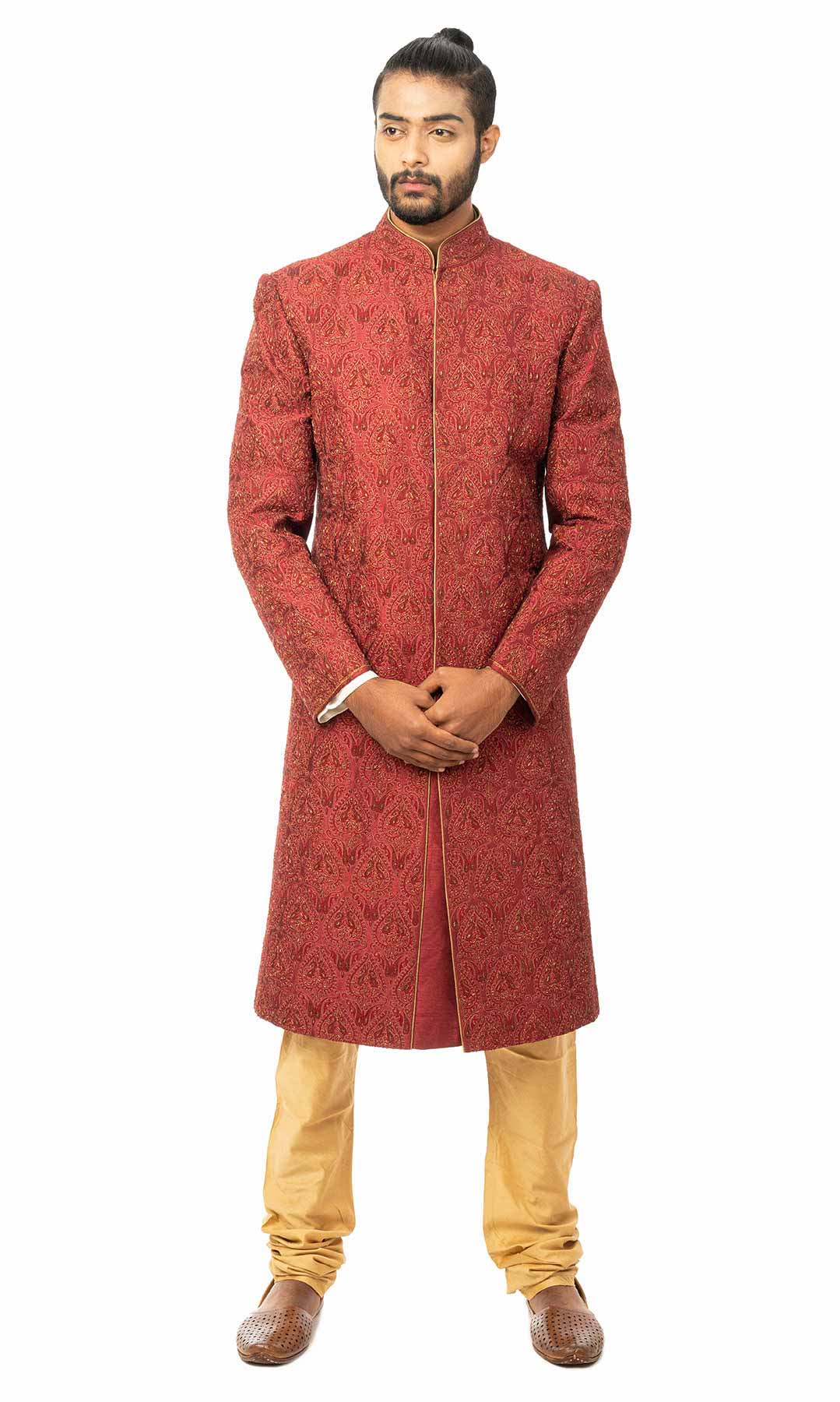 Maroon Raw Silk Sherwani With Matching Thread Work and Dabka Work - Viraaya By Ushnakmals