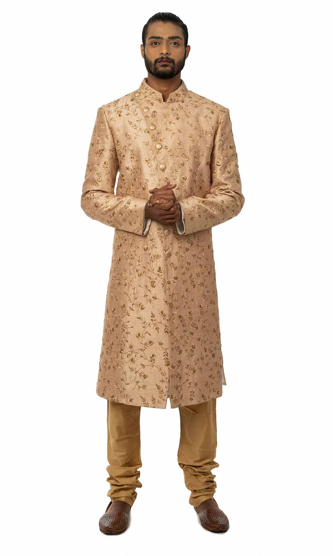 Rosegold Angrakha Style Sherwani With Zari Work - Viraaya By Ushnakmals 