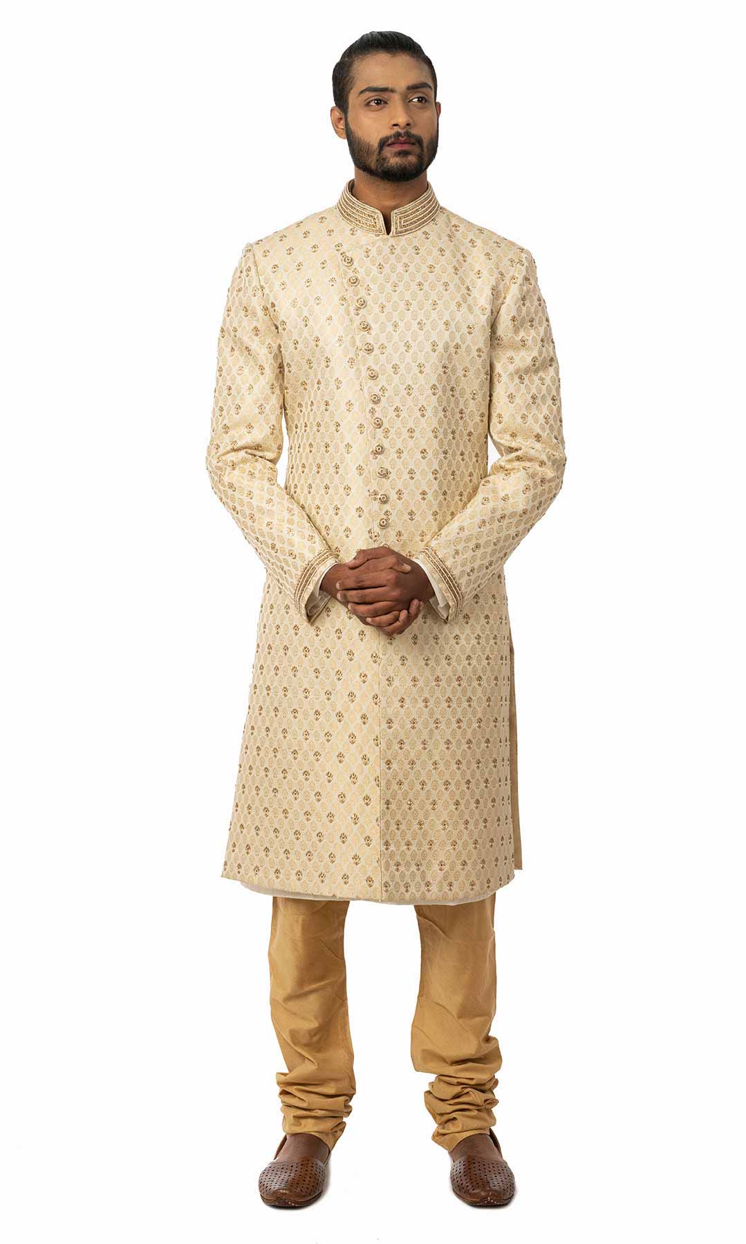 Cream Coloured Angrakha Style Brocade Sherwani With Handwork - Viraaya By Ushnakmals