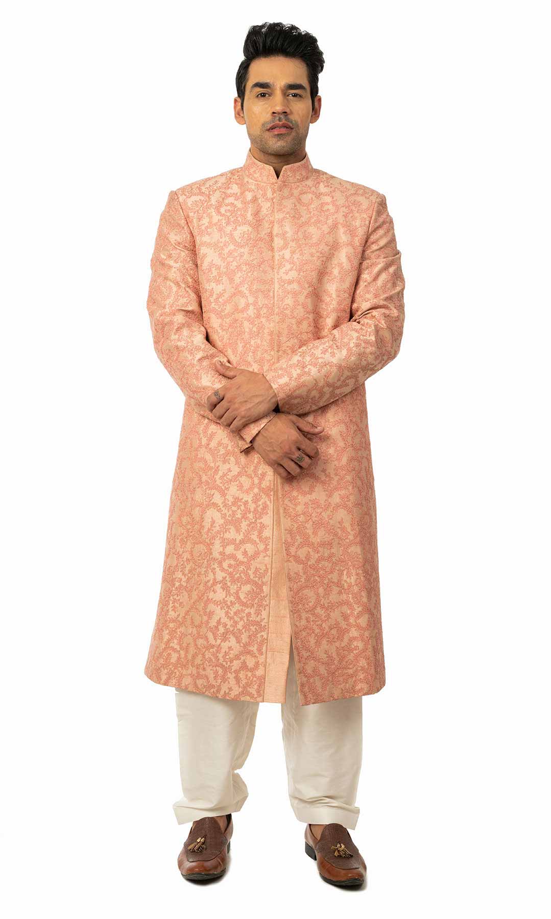 Coral Pink Raw Silk Sherwani With All Over Thread Work - Viraaya By Ushnakmals