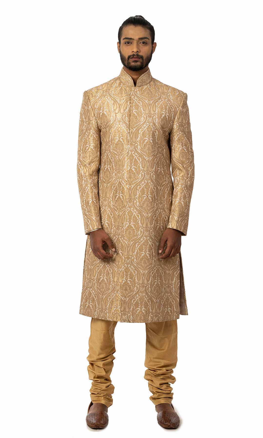 Golden Beige Raw Silk Sherwani With Zari and Resham Work - Viraaya By Ushnakmals