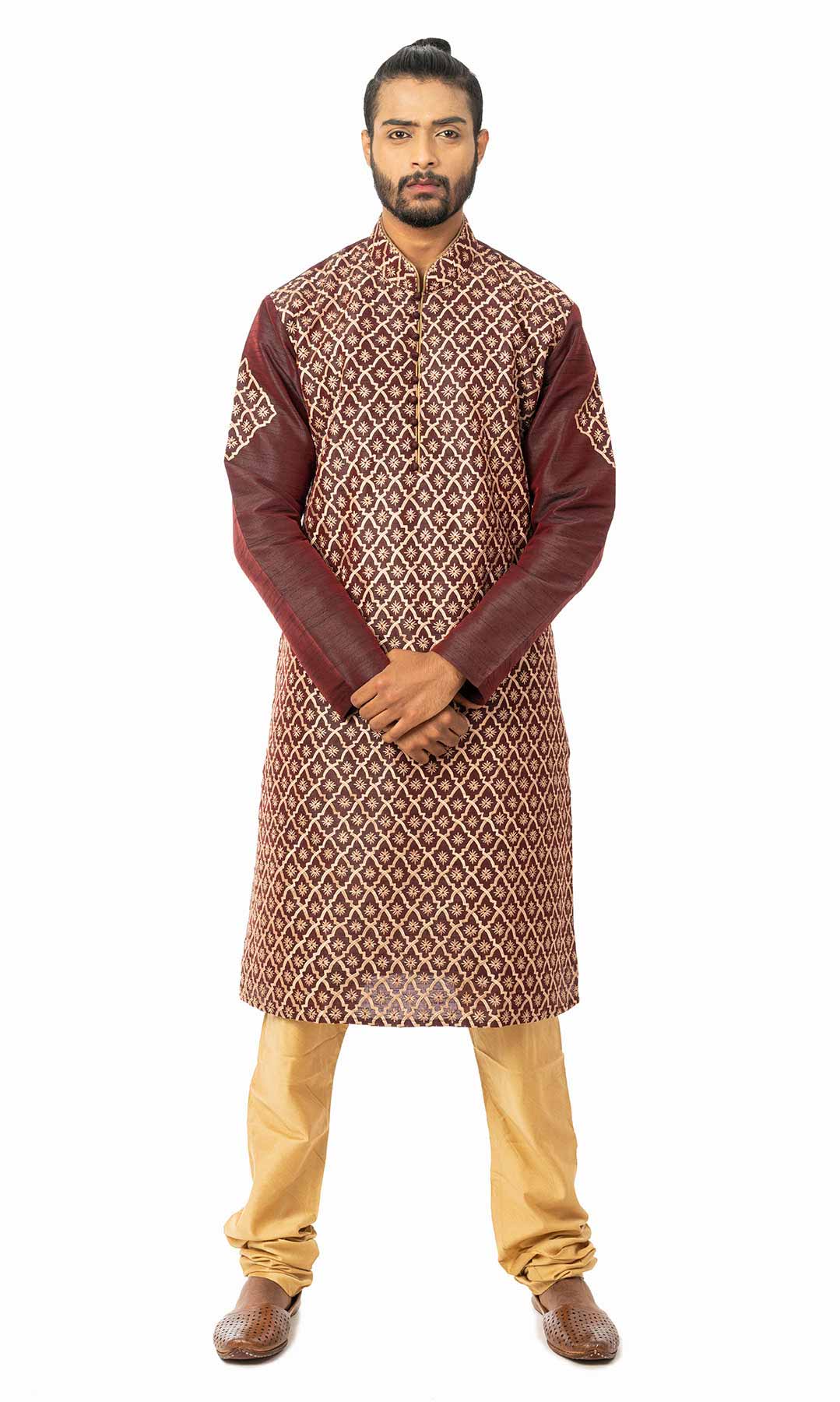 Wine Colour Raw Silk Kurta Set With Checker Pattern - Viraaya By Ushnakmals