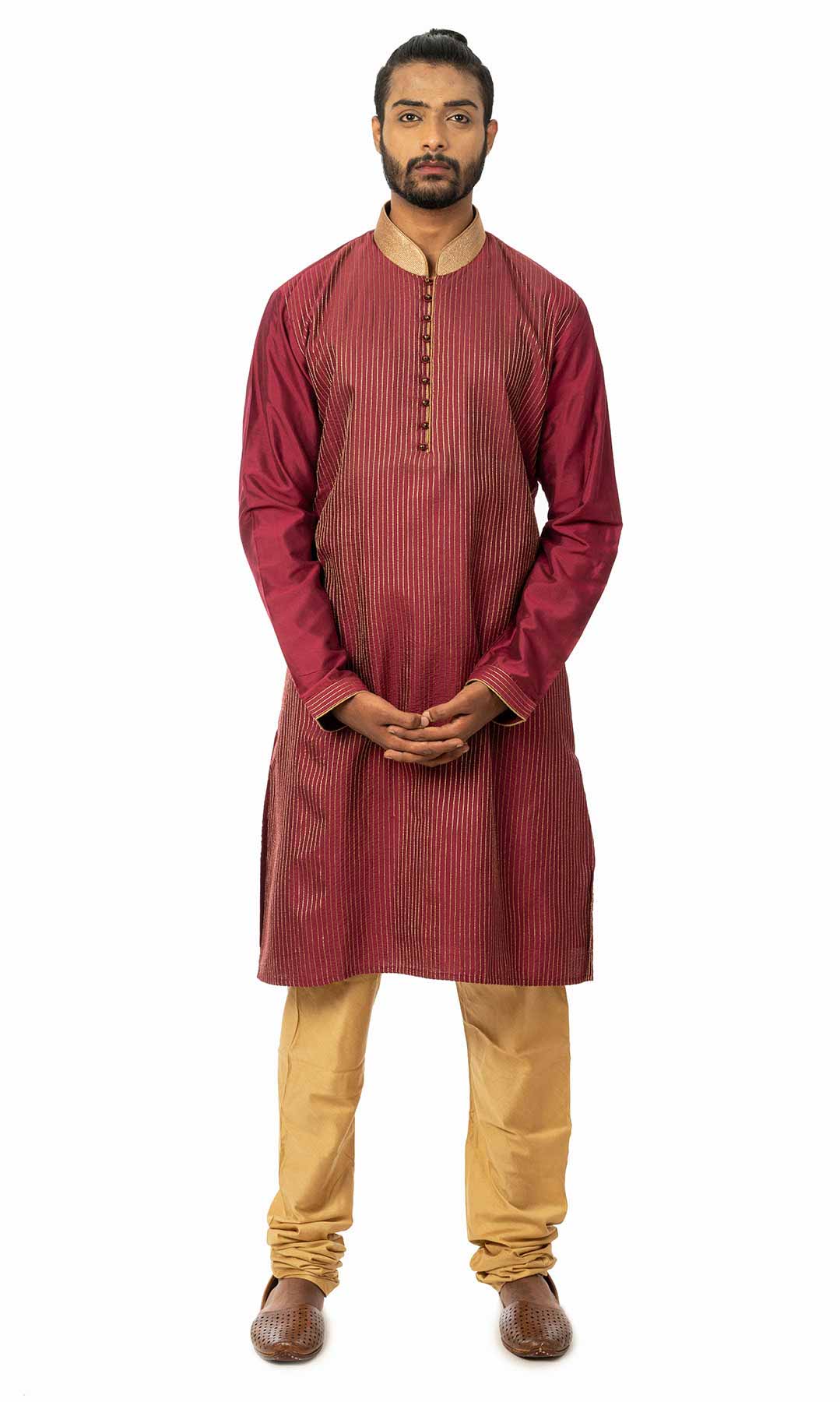 Wine Coloured Cotton Silk Kurta Set With Tagai Work - Viraaya By Ushnakmals