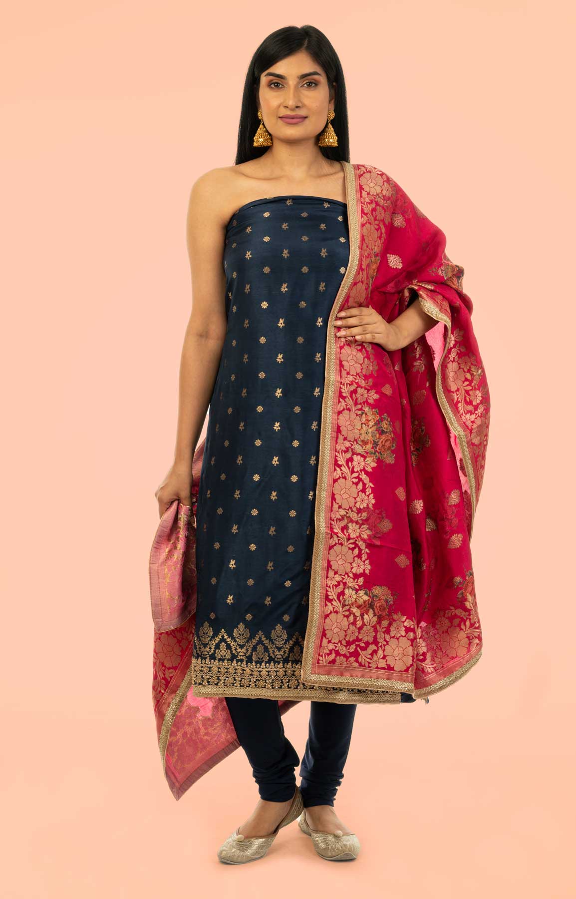 Navy Blue And Rani Pink Banarasi Opara Silk Suit Fabric With Zari Work – Viraaya By Ushnakmals