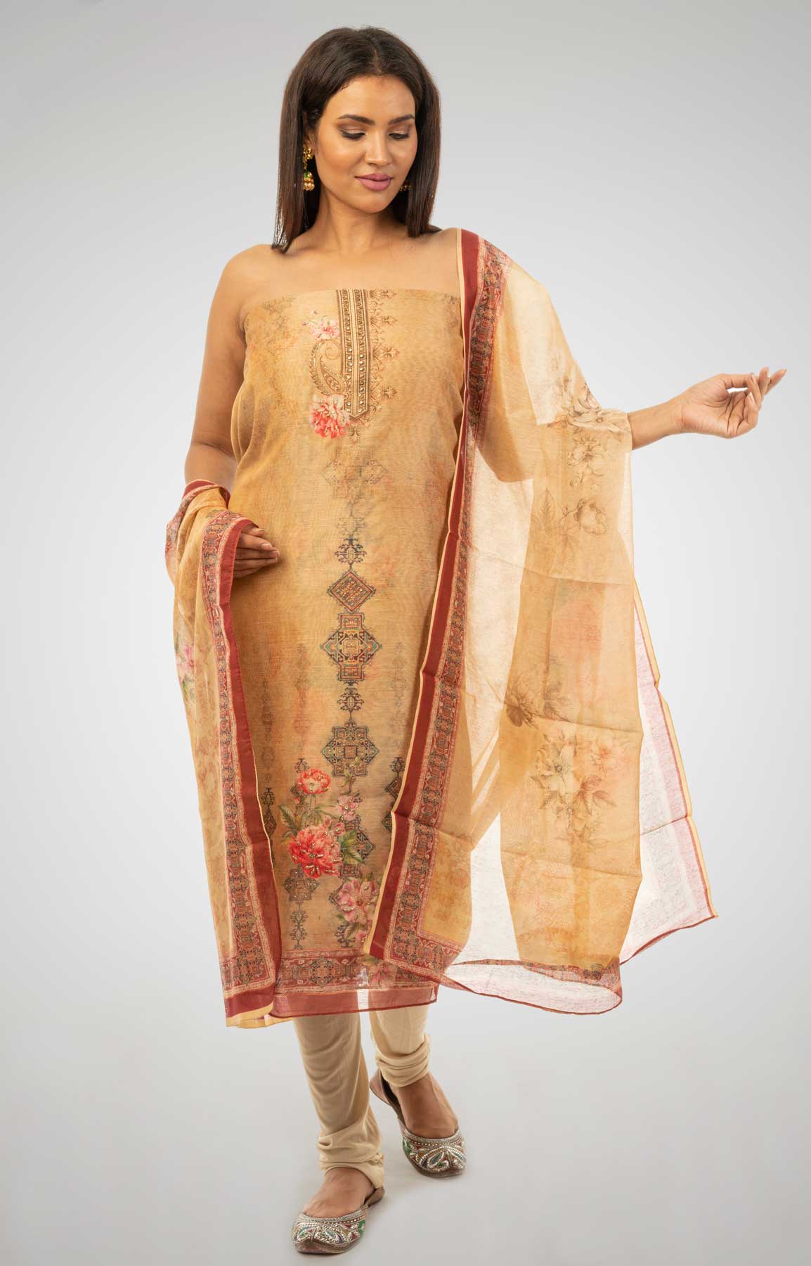 Beige Coloured Chanderi Silk Unstitched Suit Fabric With Matching Dupatta – Viraaya By Ushnakmals