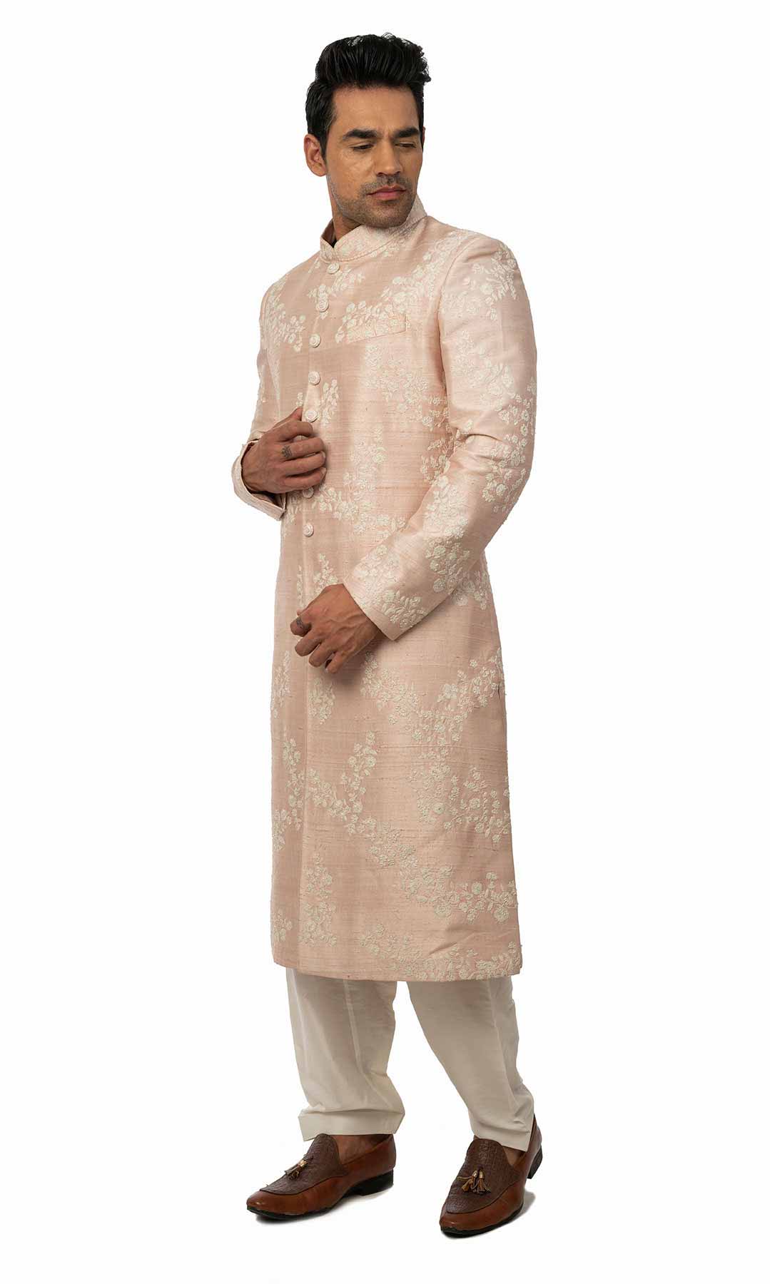 Baby Pink Raw Silk Sherwani With White Resham Work - Viraaya By Ushnakmals