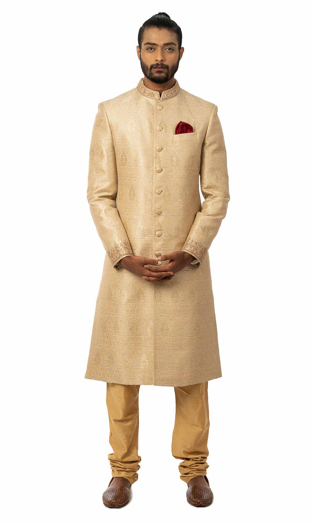 Golden Beige Raw Silk Sherwani Adorned With Thread Work Motifs - Viraaya By Ushnakmals