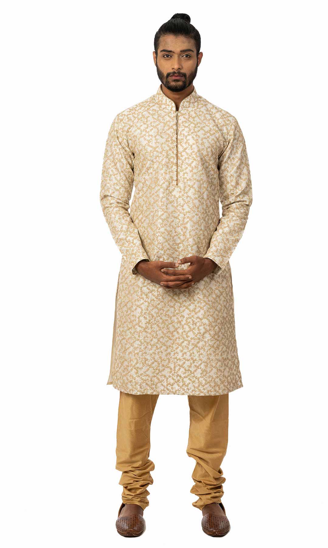 Cream Raw Silk Kurta Set With Resham Work In Jaal Style - Viraaya By Ushnakmals