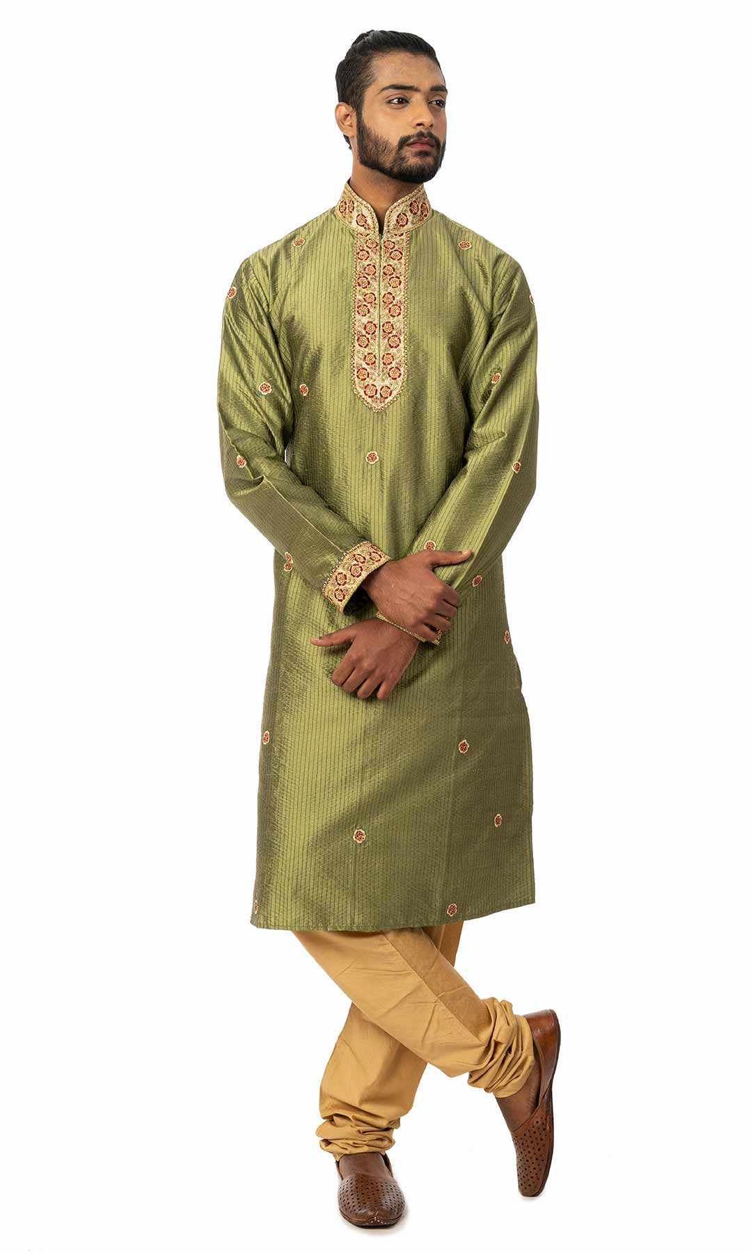 Olive Green Raw Silk Kurta Set Embroidered With Handwork - Viraaya By Ushnakmals