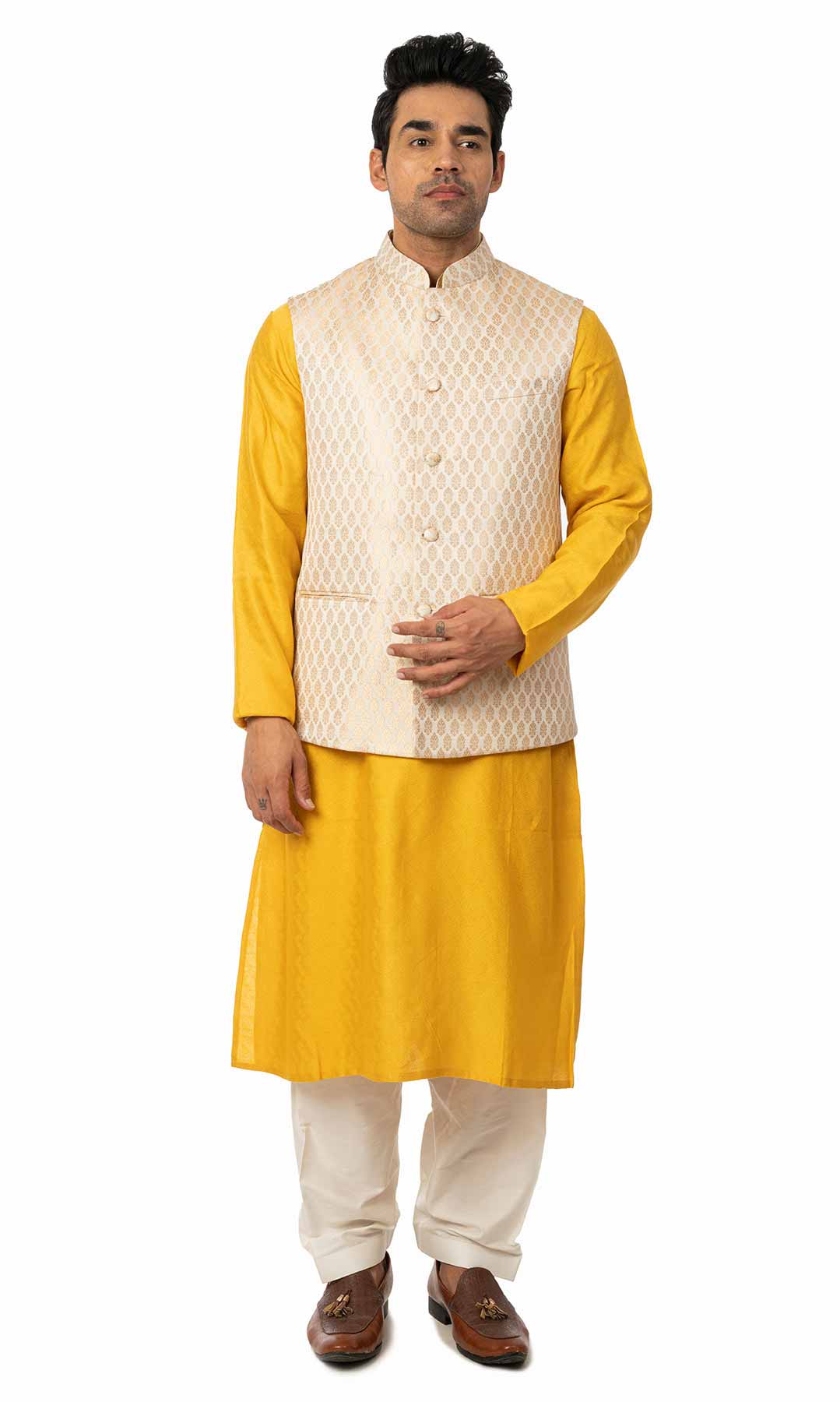 Mustard Banarasi Jacquard Kurta Set With Ivory Banarasi Brocade Nehru Jacket - Viraaya By Ushnakmals