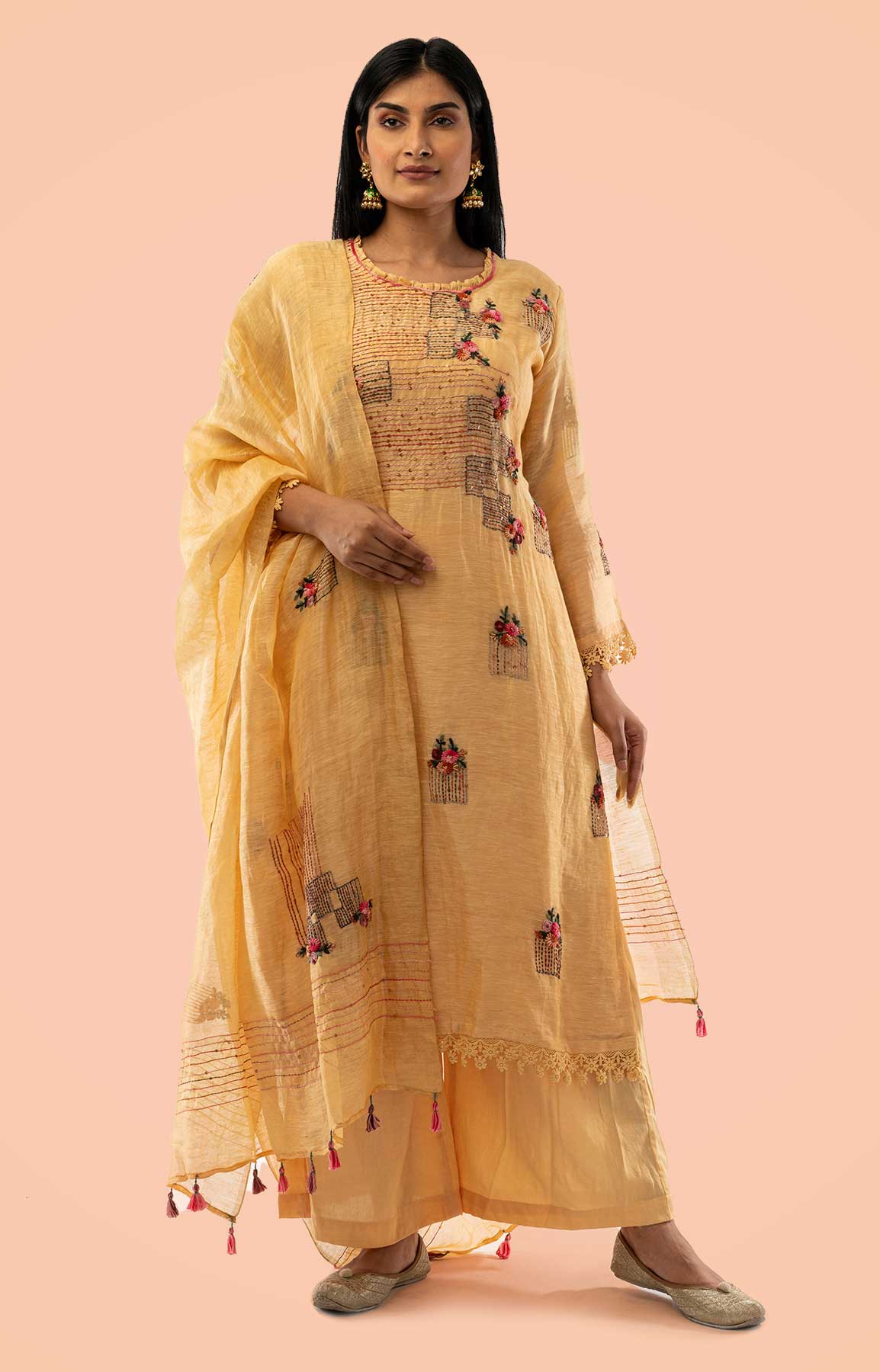 Yellow Linen Suit With Handloom Linen Dupatta With Resham Work – Viraaya By Ushnakmals