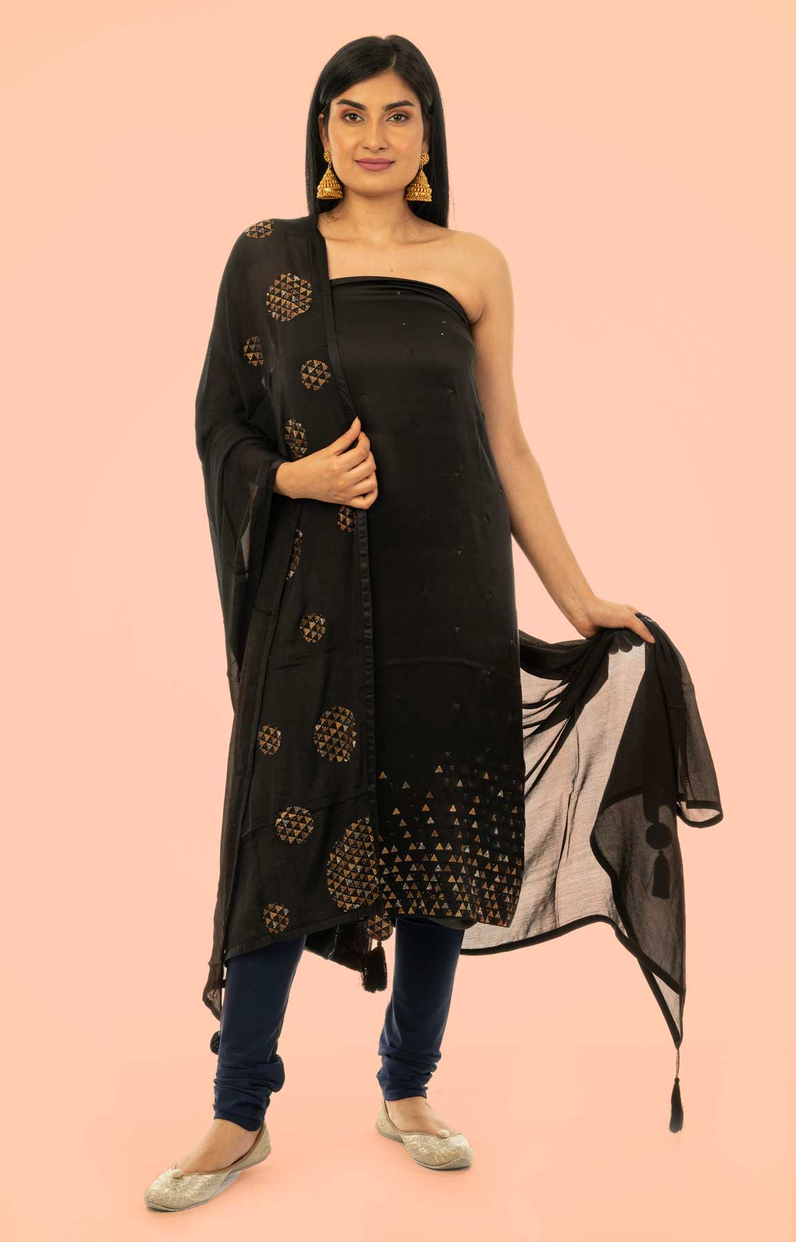 Black Satin Unstitched Suit With Stone Work – Viraaya By Ushnakmals